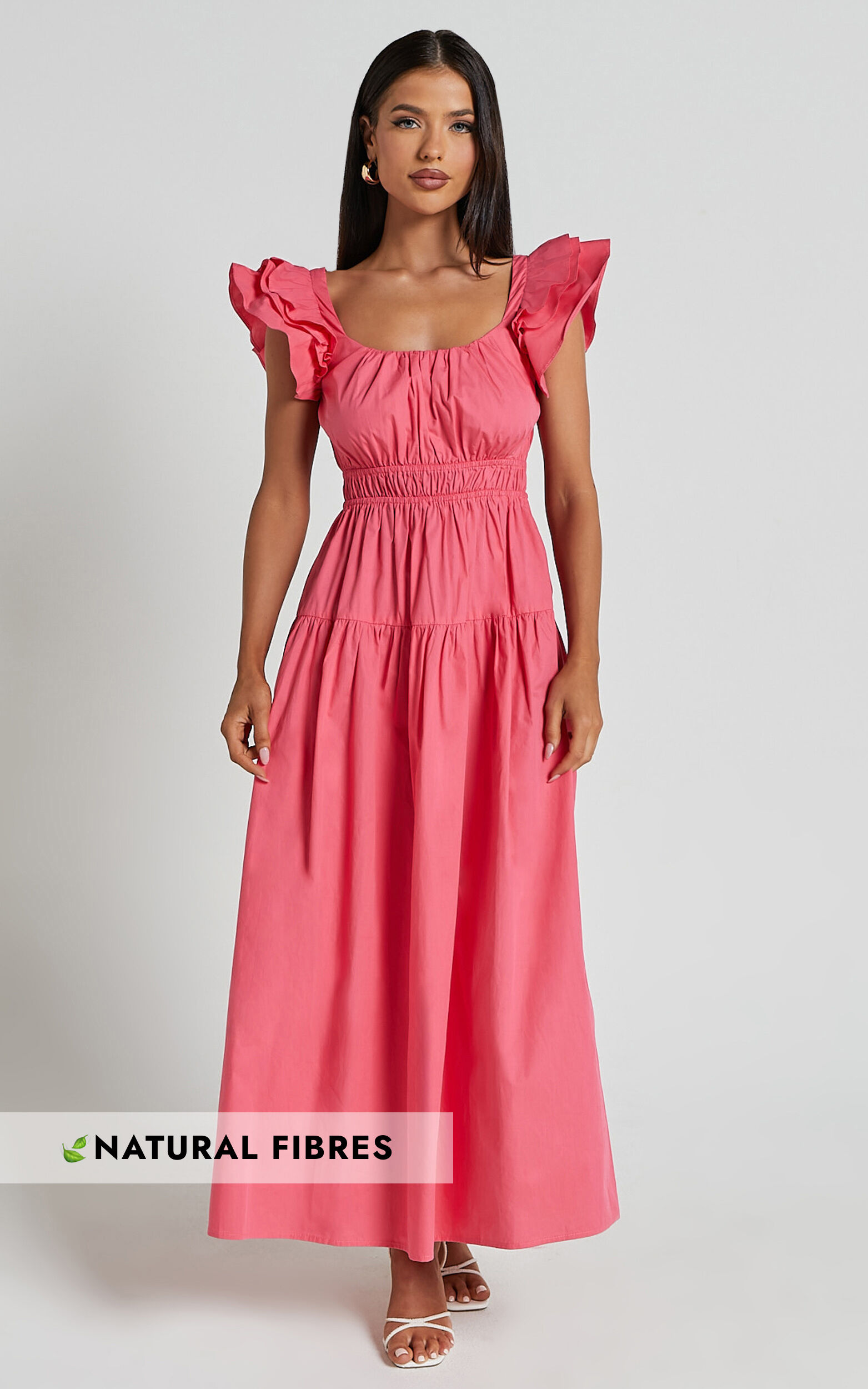 Arlene Midi Dress - Square Neck Shoulder Frill Tiered Dress in Berry