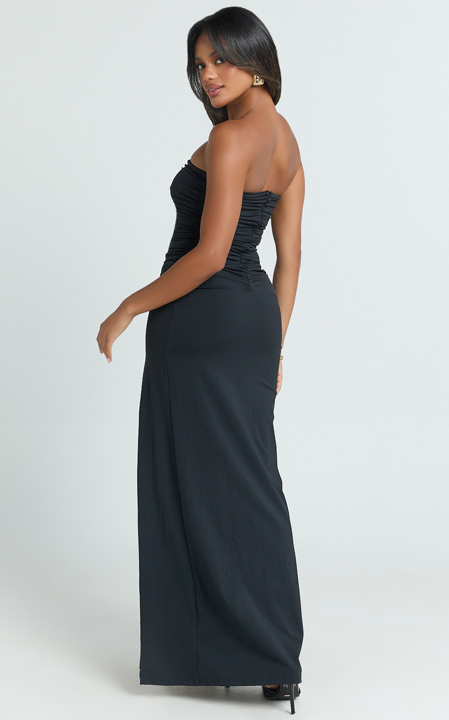 Edeline Maxi Dress - Strapless Sweetheart Ruched Bodycon Dress in Black