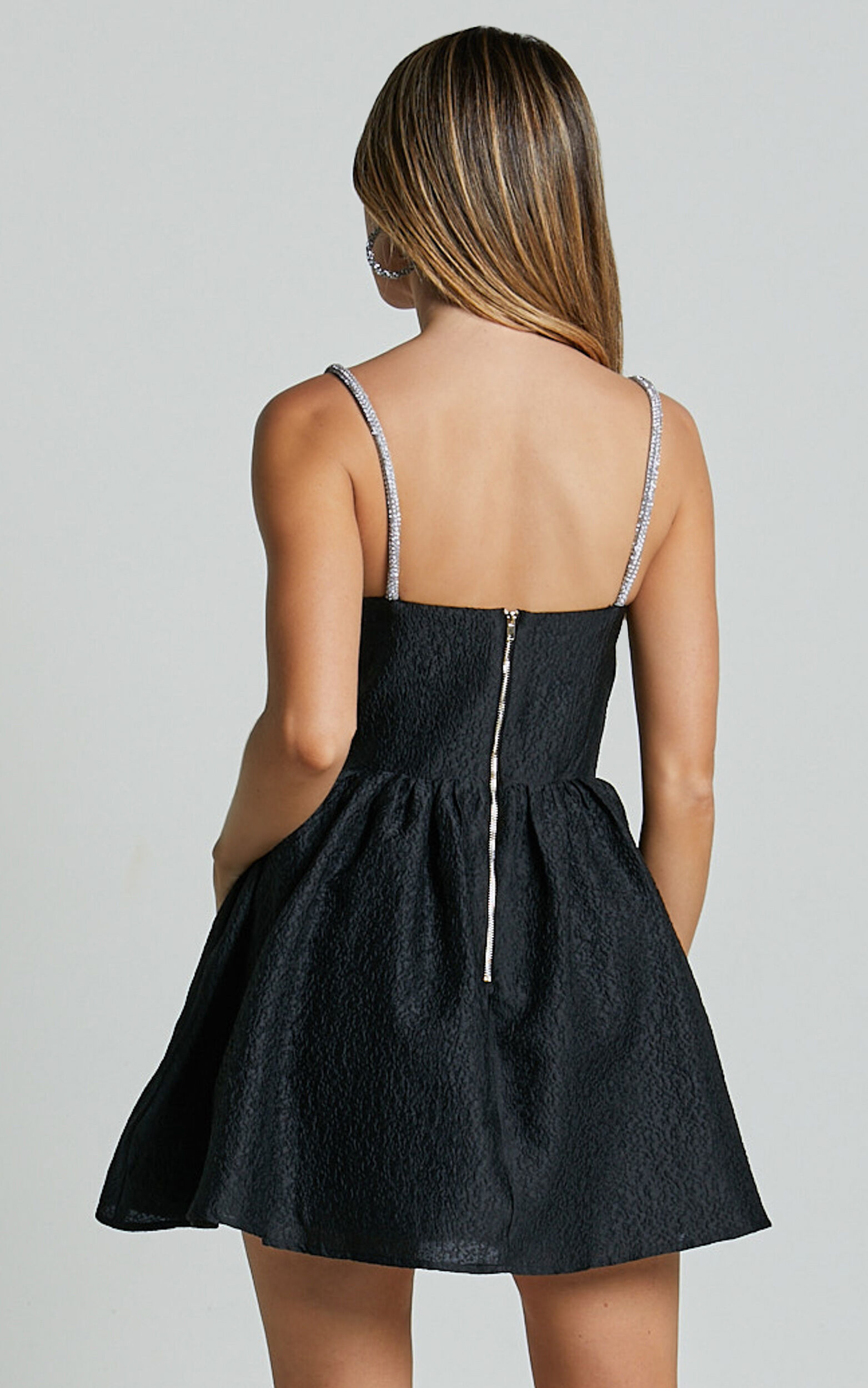 Cora Mini Dress - Diamante Detail Textured Mini Dress in Black