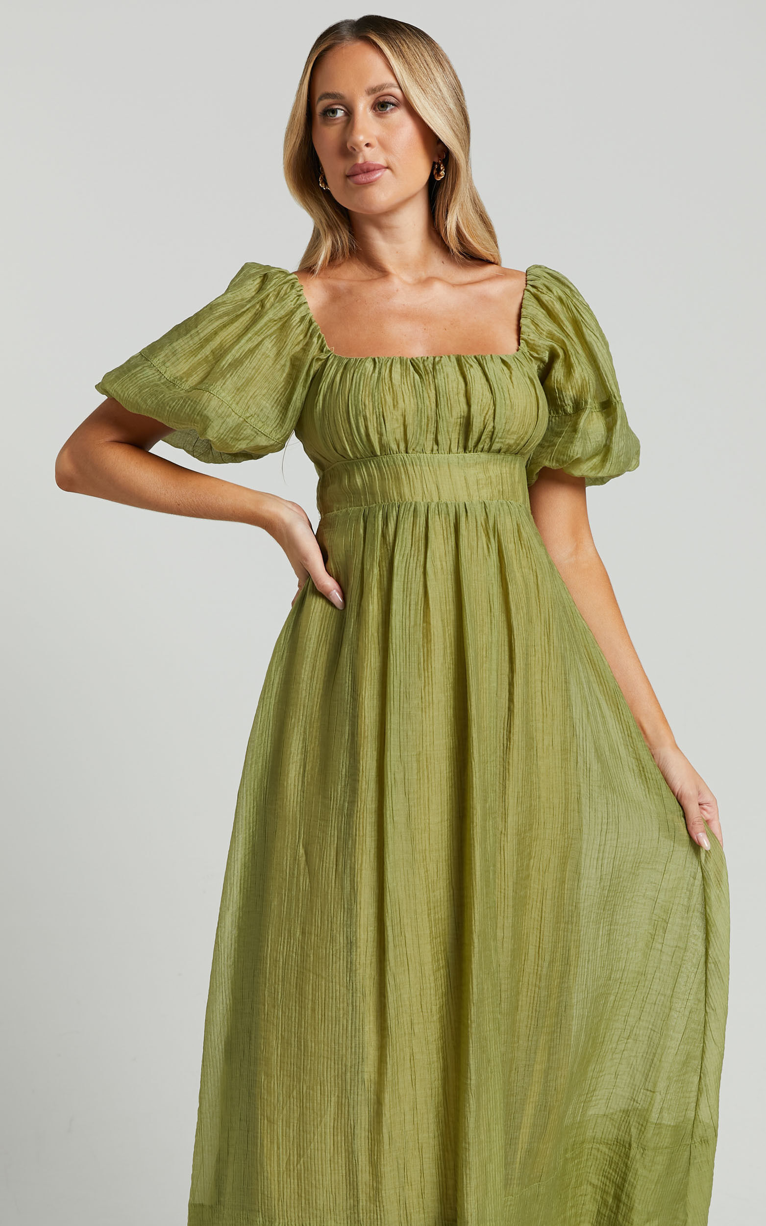 Roshina Midi Dress - Straight Neck Puff Sleeve Dress in Olive