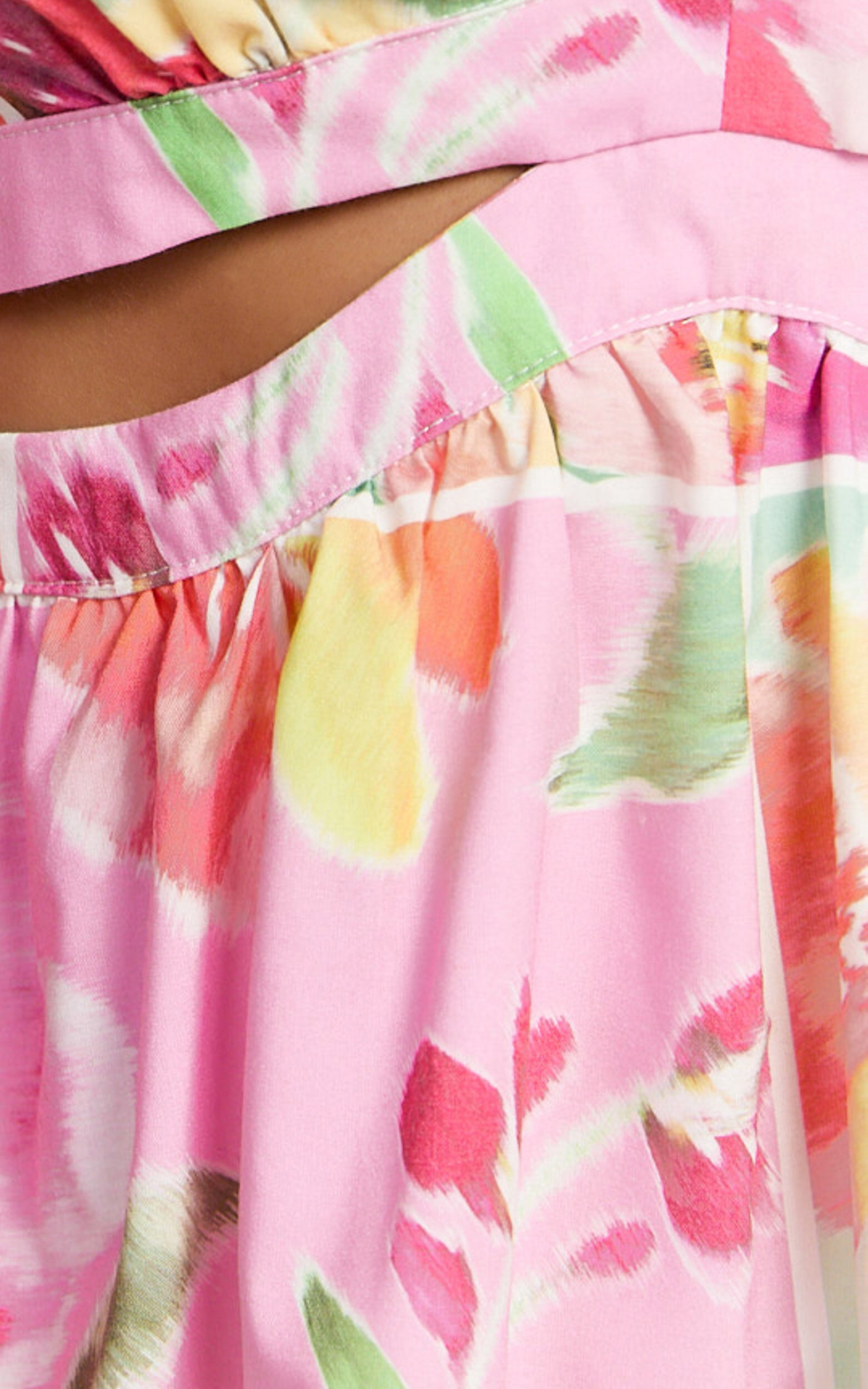 Emily Mini Dress - V Neck Long Sleeve Cut Out Dress in Blurred Patchwork Floral