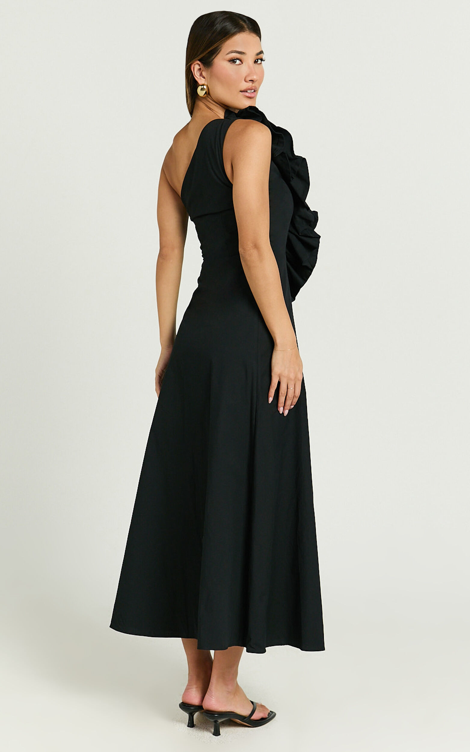 Rita Midi Dress - One Shoulder Ruffle Detail Dress in Black
