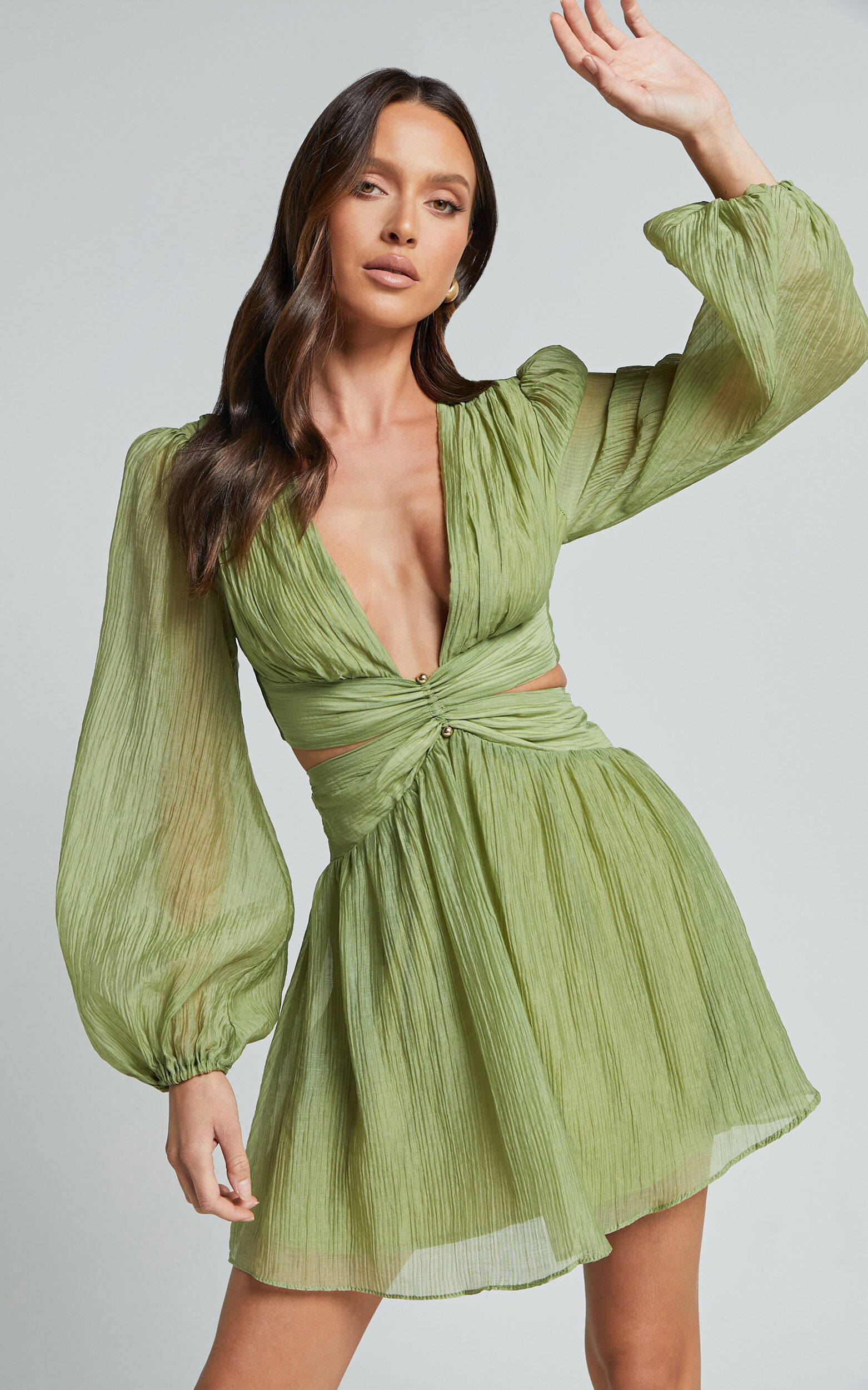 Casey Mini Dress - Plunge Neck Puff Long Sleeve Dress in Sage