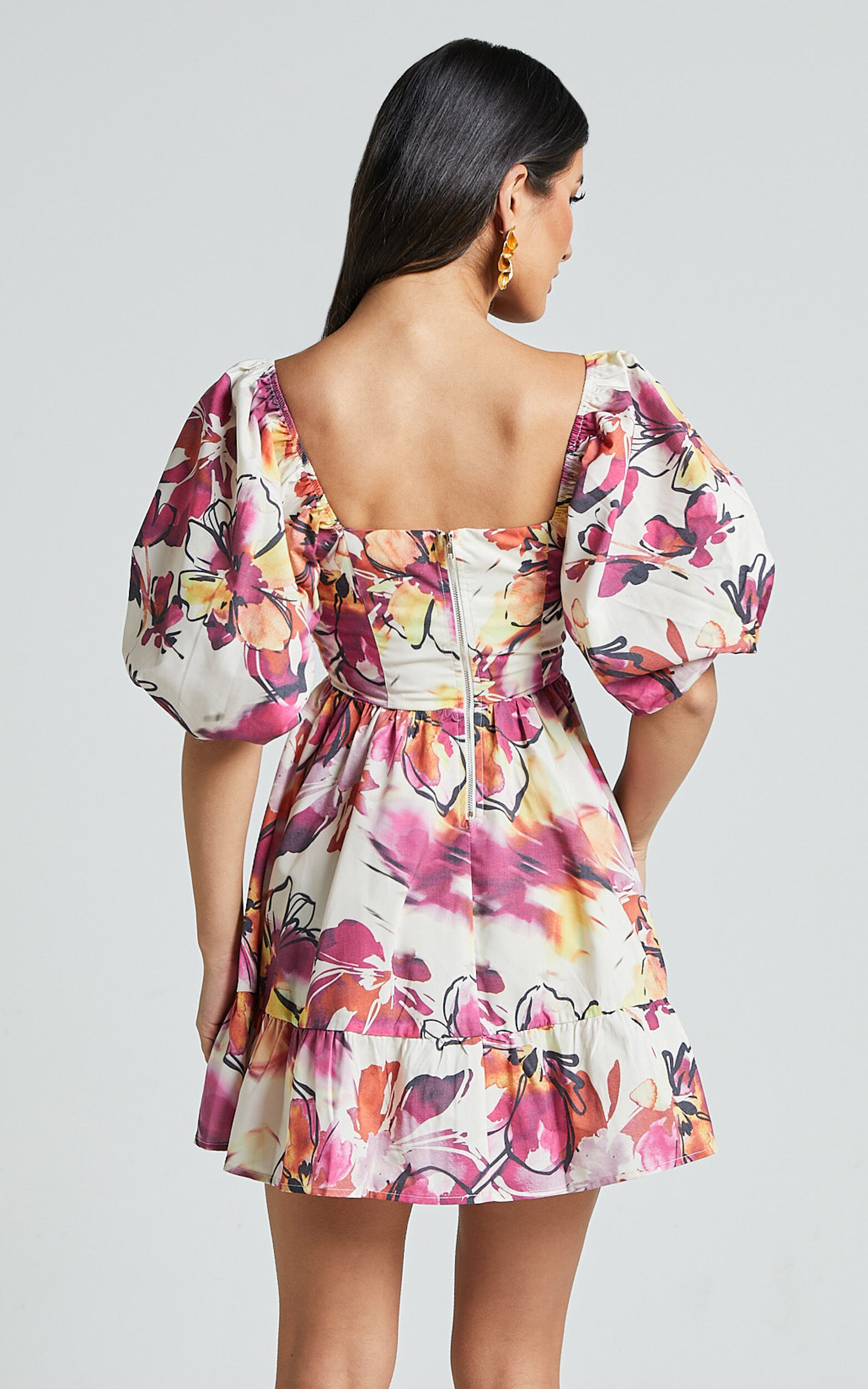 Gretchen Mini Dress - Puff Sleeve Babydoll Dress in Dahlia Dusk Floral