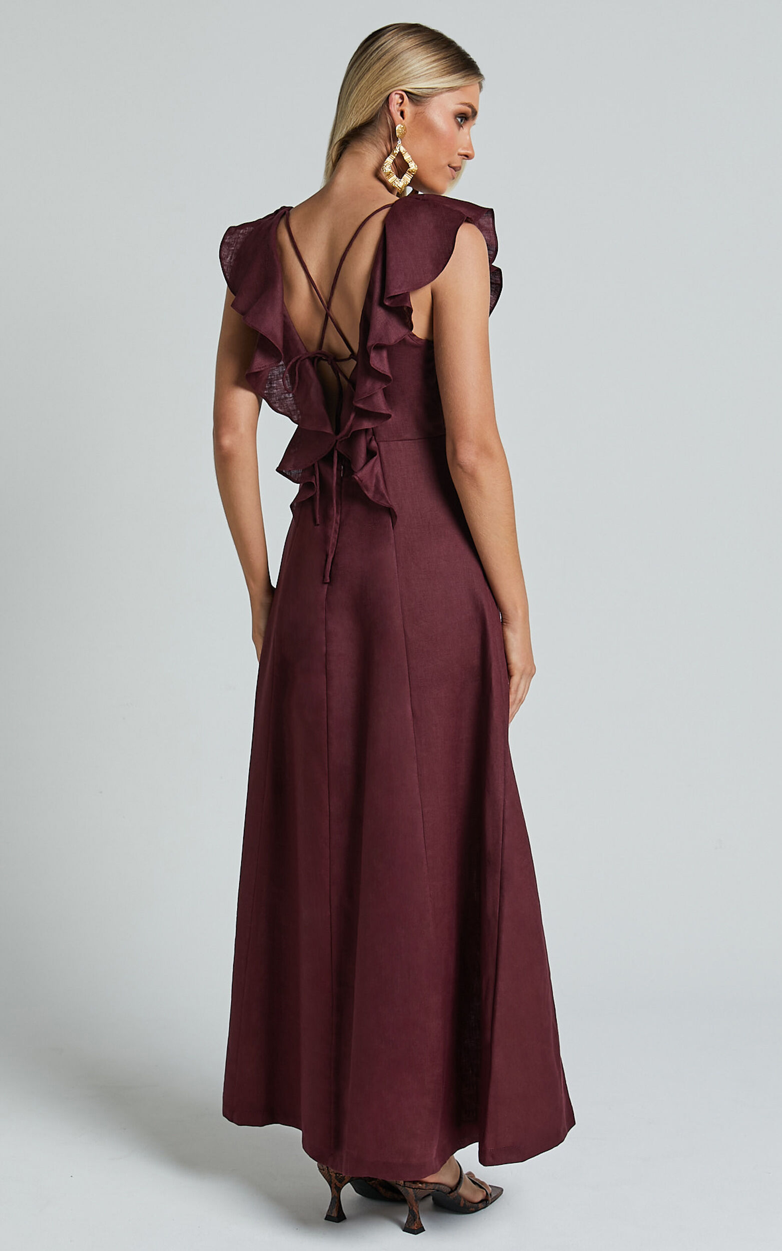 Amalie The Label - Penelope Linen Flutter Sleeve Low Back Maxi Linen Dress in Wine