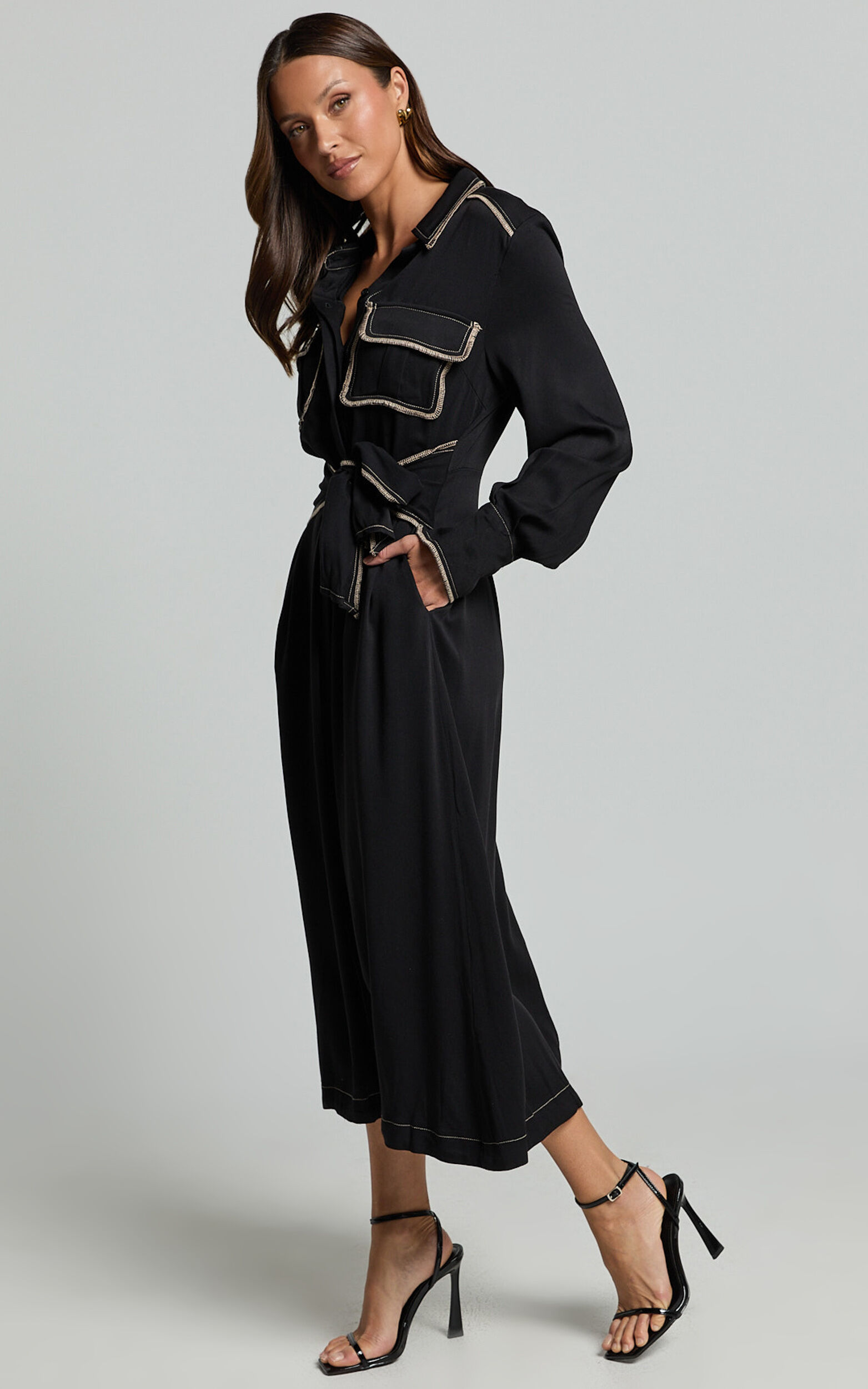 Ally Midi Dress - Collared Button Through Long Sleeve Tie Dress in Black