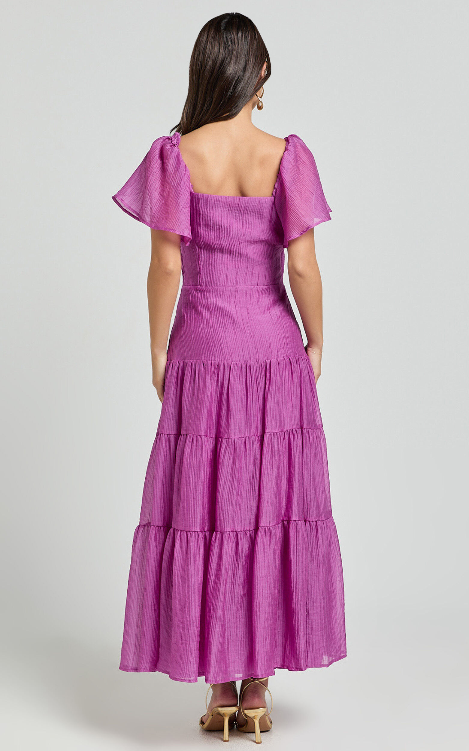 Patricia Midi Dress - Flutter Sleeve Tie Front Tiered Dress in Orchid