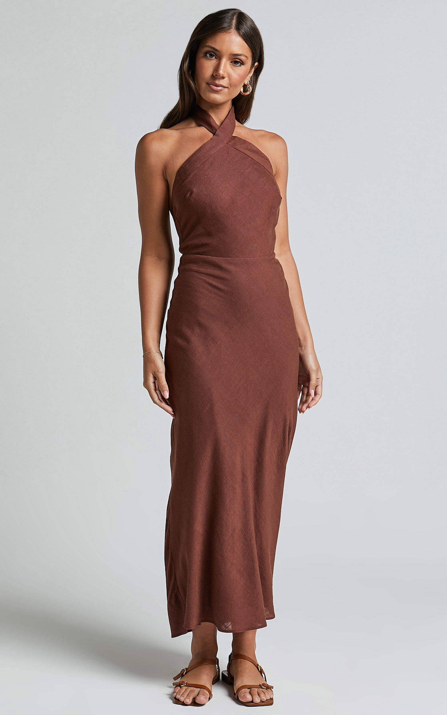Maelynn Midi Dress - Linen Twist Halter Neck Low Back Slip Dress in Chocolate