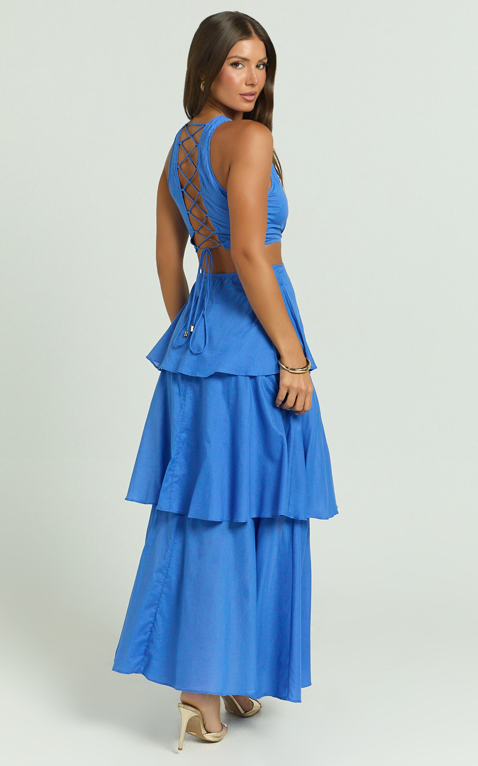 Elly Maxi Dress - Tiered Ruffle Cut Out Dress in Blue