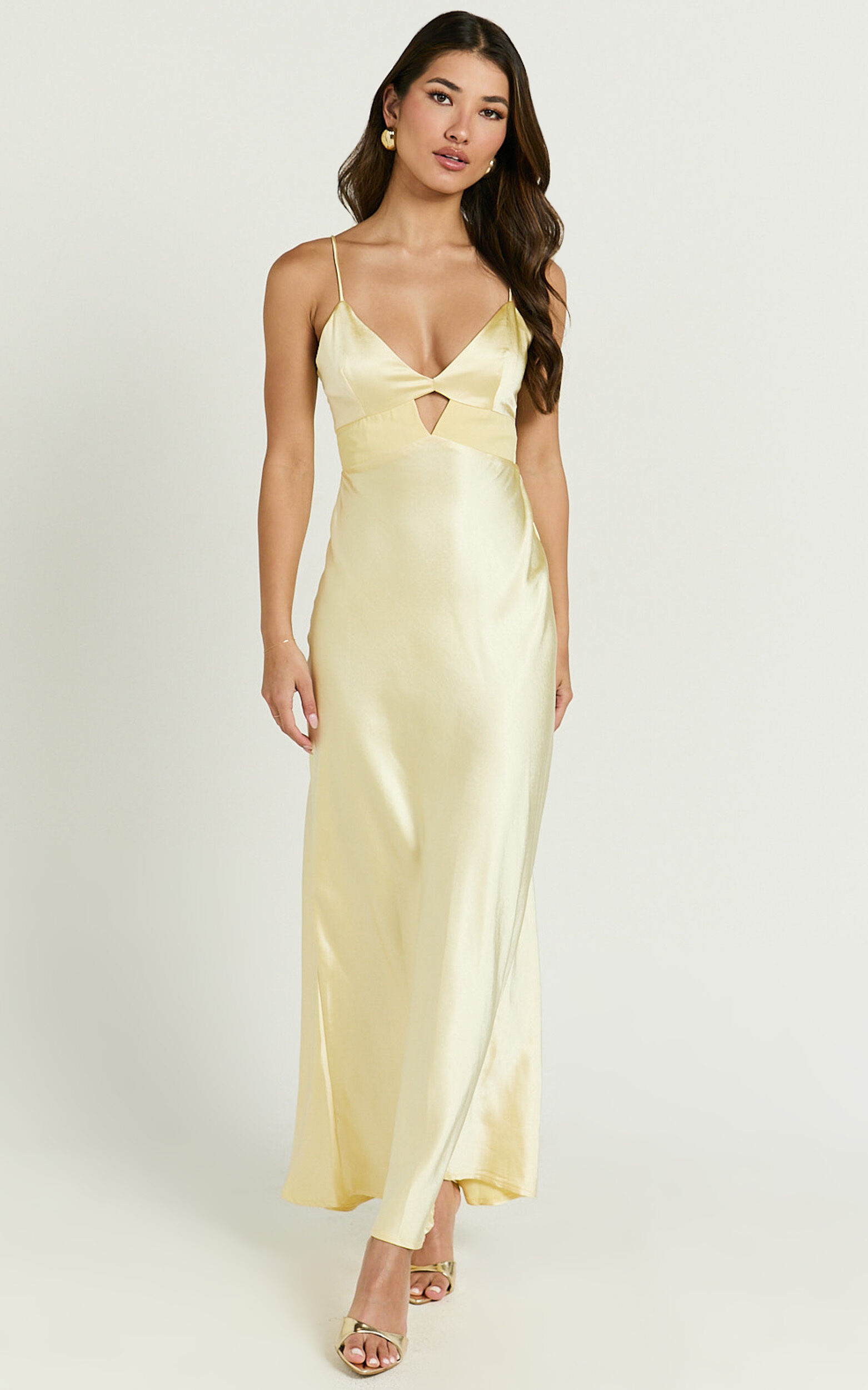 Charvie Midi Dress - V Neck Cut Out Detail Satin Slip Dress in Lemon