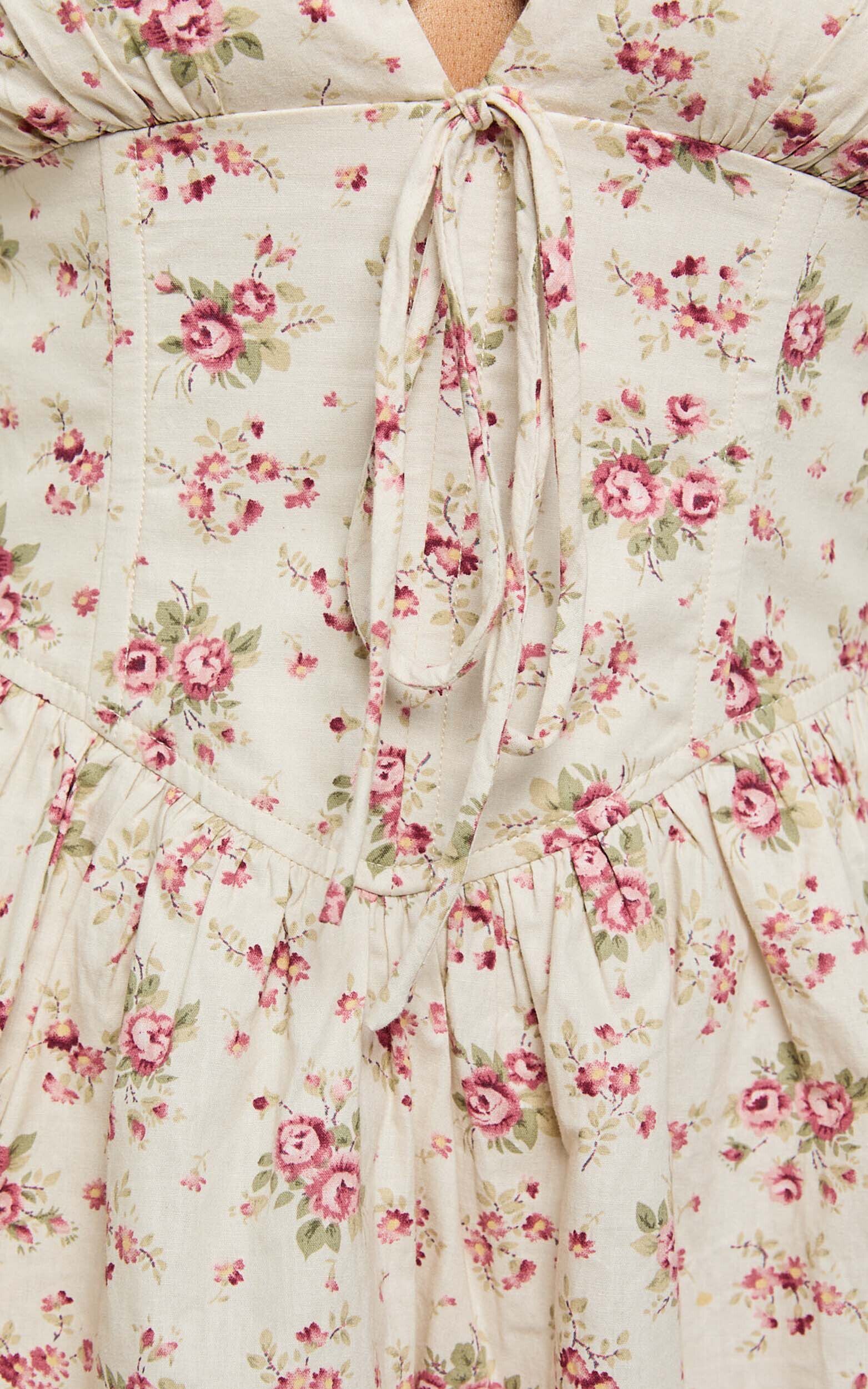 Evans Mini Dress - Short Sleeve Shirred Back Plunge Dress in Pink Floral