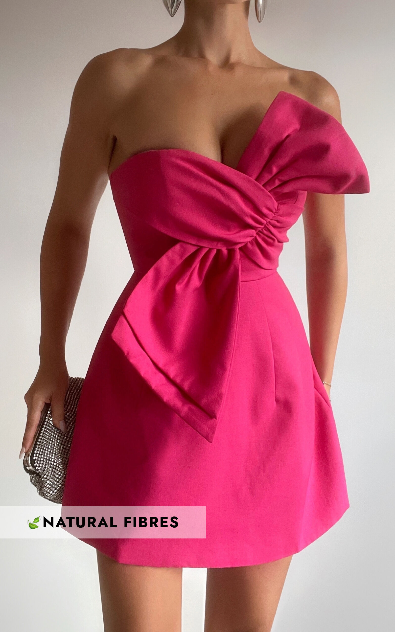 Chika Mini Dress - Linen Strapless Front Bow Dress in Peony Pink