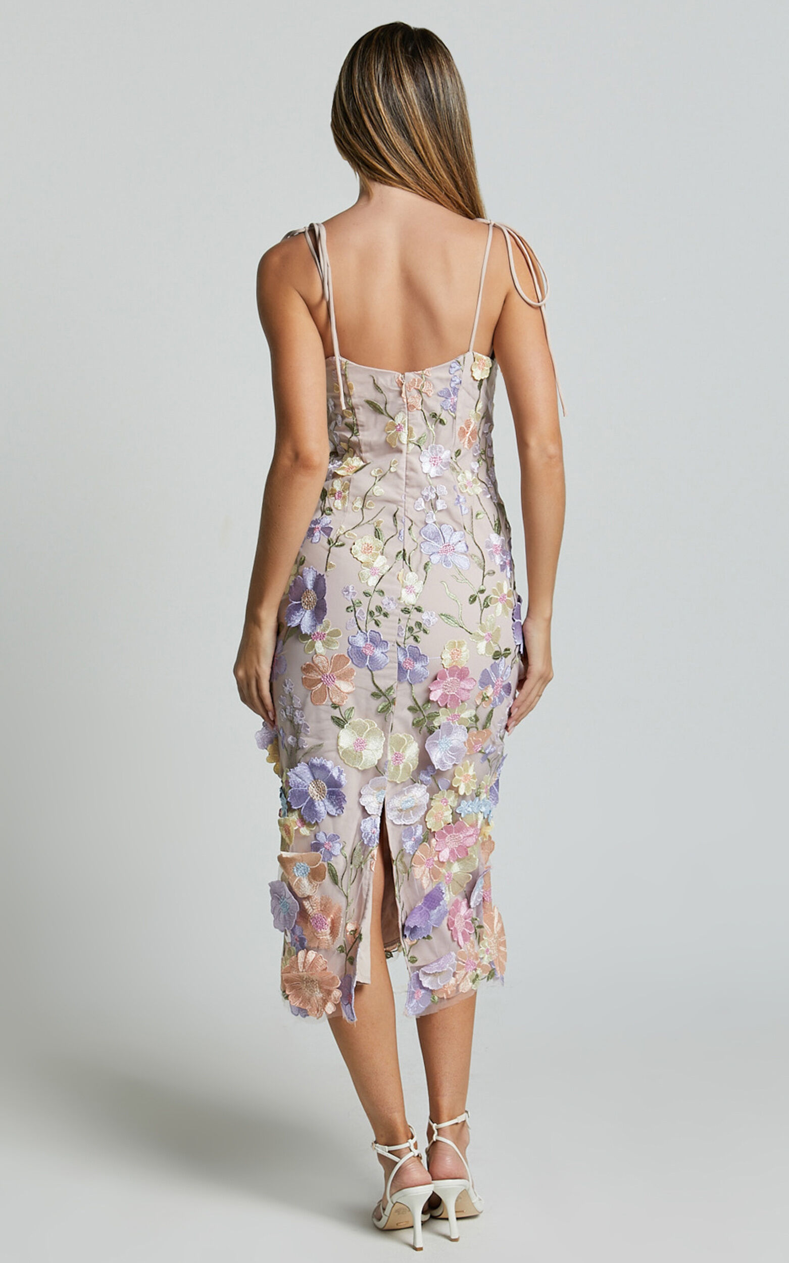 Jamich Midi Dress - Straight Neck Tie Strap Pencil Dress in Soft Pink