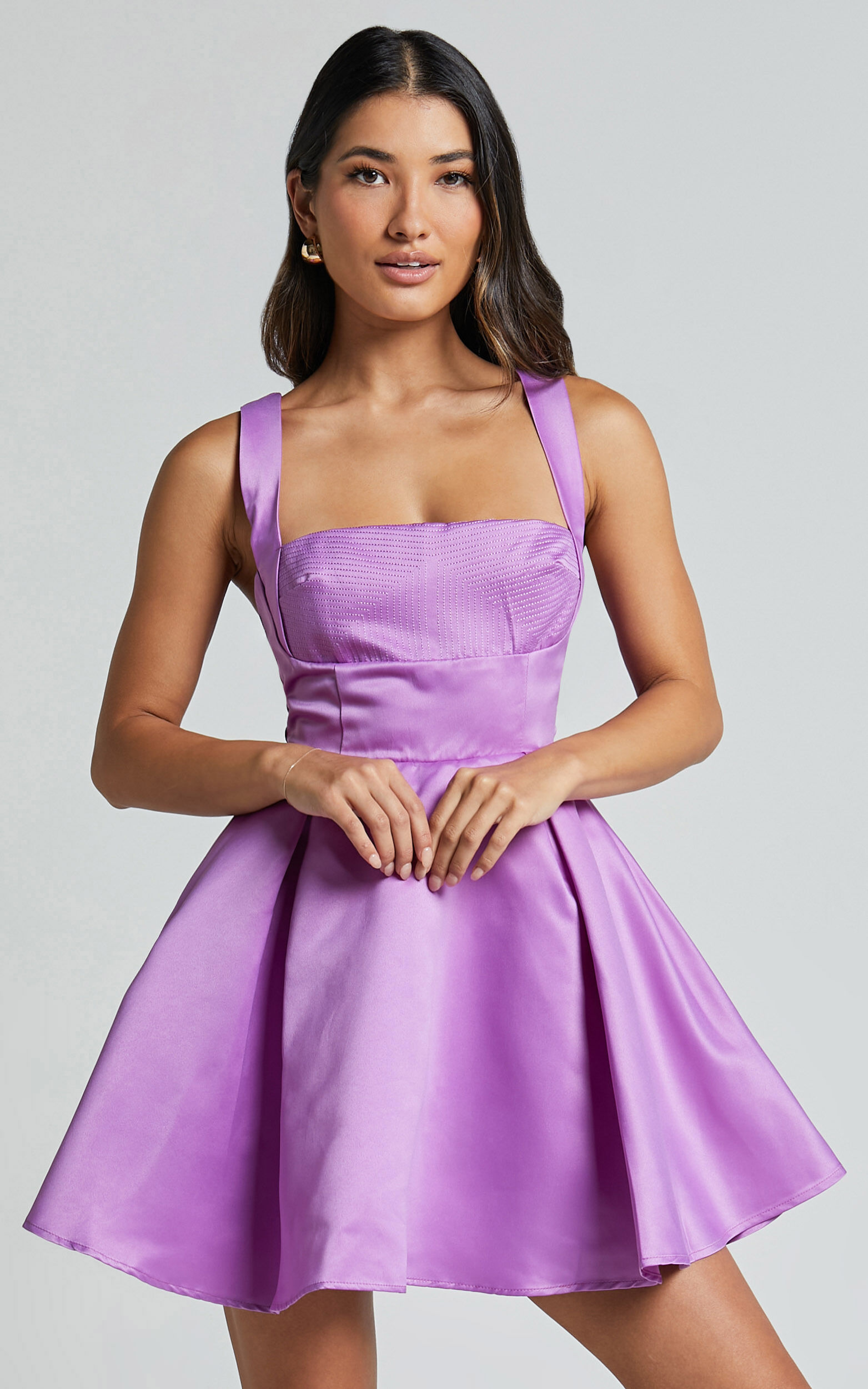 Stephanie Mini Dress - Satin Square Neck Tie Back Dress in Orchid