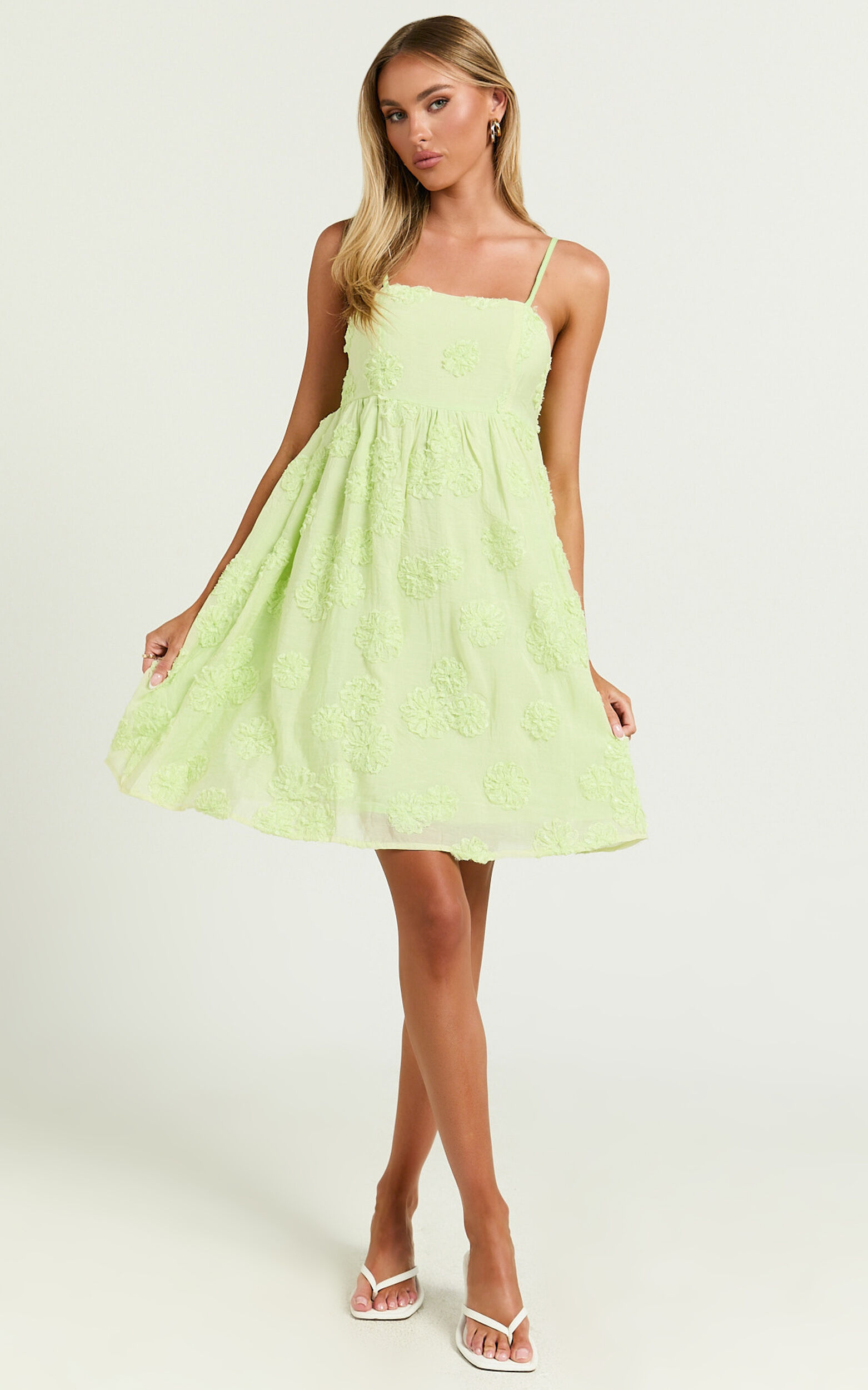 Claya Mini Dress - Sleeveless Straight Neckline Floral Detail Dress in Lime