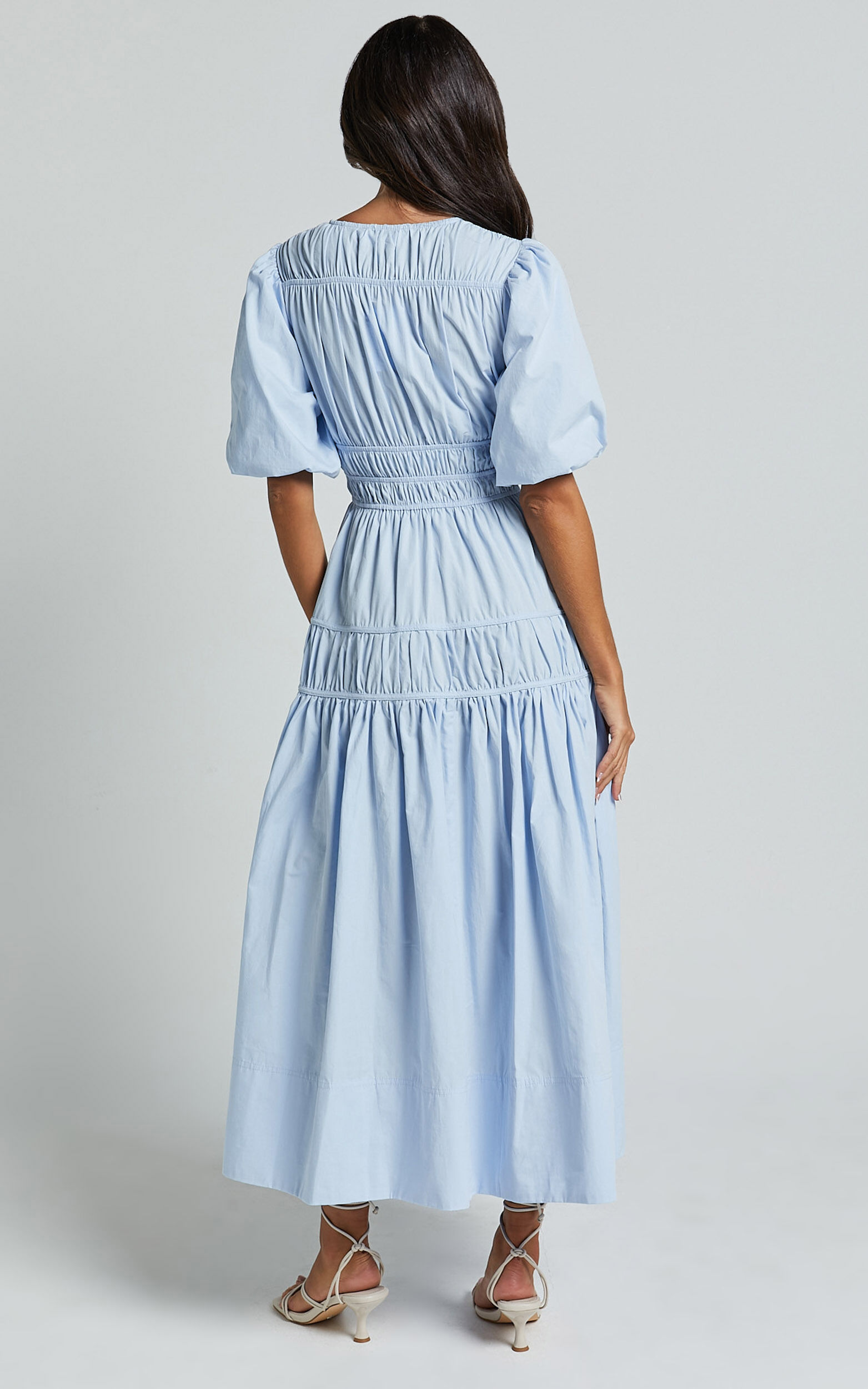 Mellie Midi Dress - Puff Sleeve Plunge Tiered Dress in Soft Blue