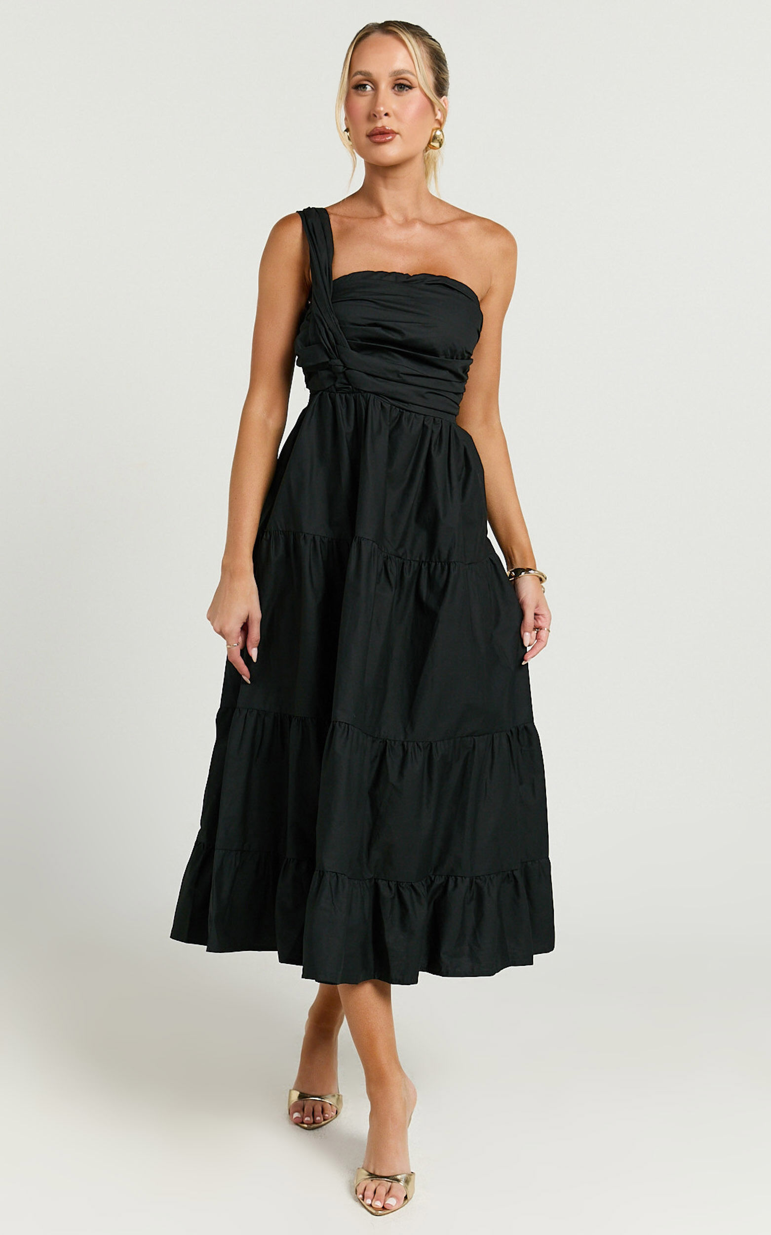 Stephanie Midi Dress - One Shoulder Tiered Midi Dress in Black