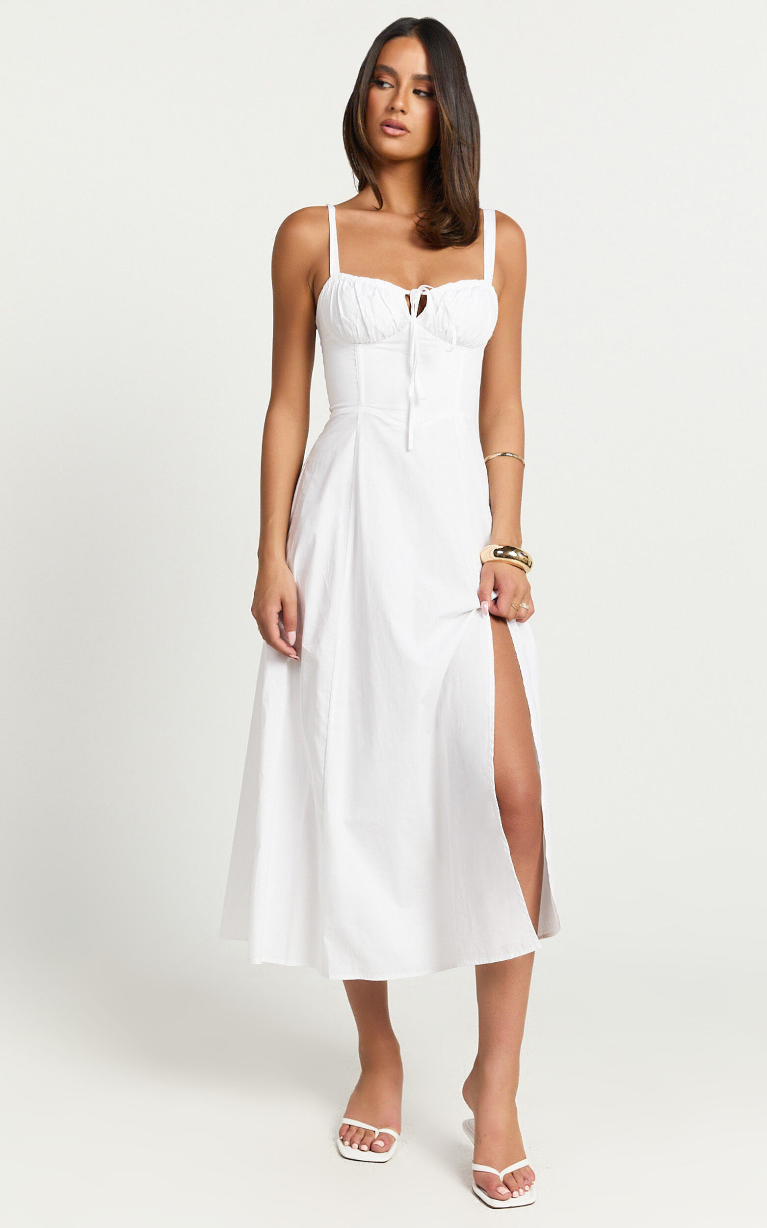 Maiya Midi Dress - Tie Front Fitted Bodice Dress in White