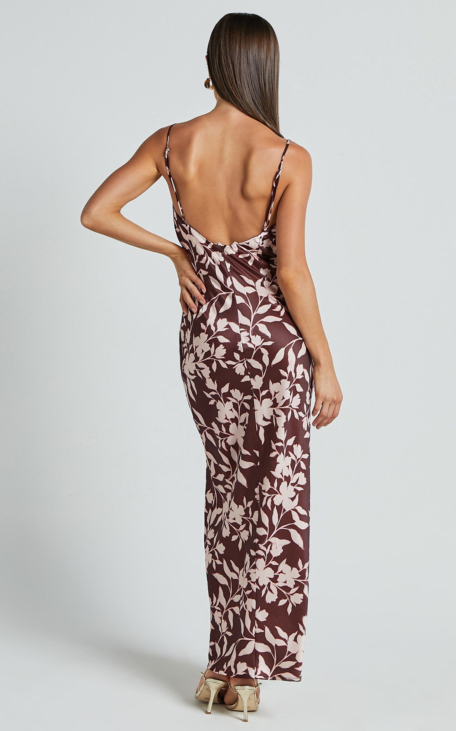 Charesse Maxi Dress - Satin Bias Cut Scoop Neck Low Back Slip Dress in Choc Floral