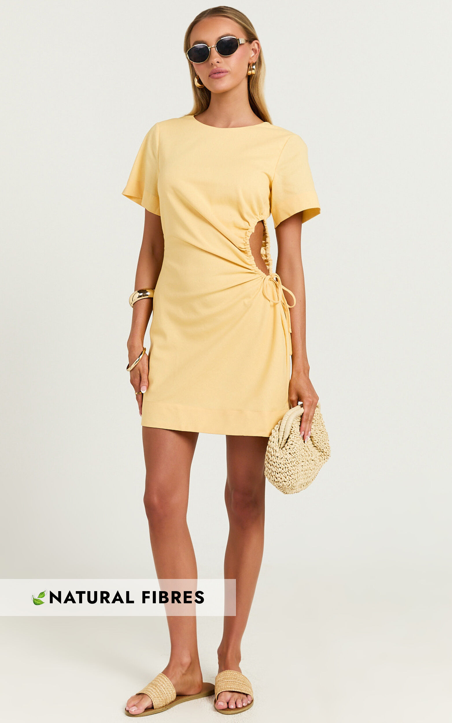 Samira Mini Dress - Ruched Cut Out Linen Dress in Lemon
