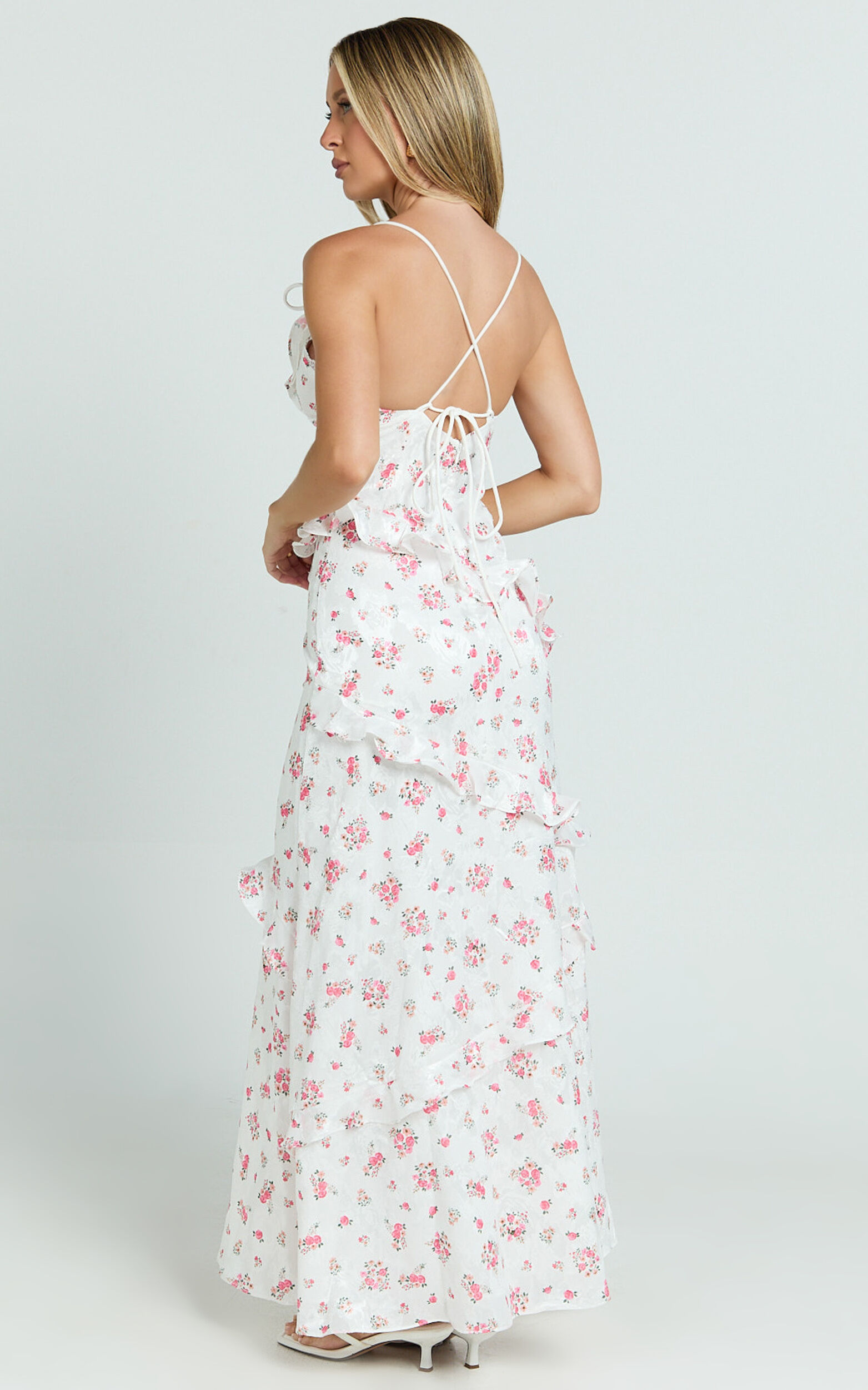 Justine Maxi Dress - Jacquard V Neck Tiered Lace Trim Dress in Romantic Ditsy Print