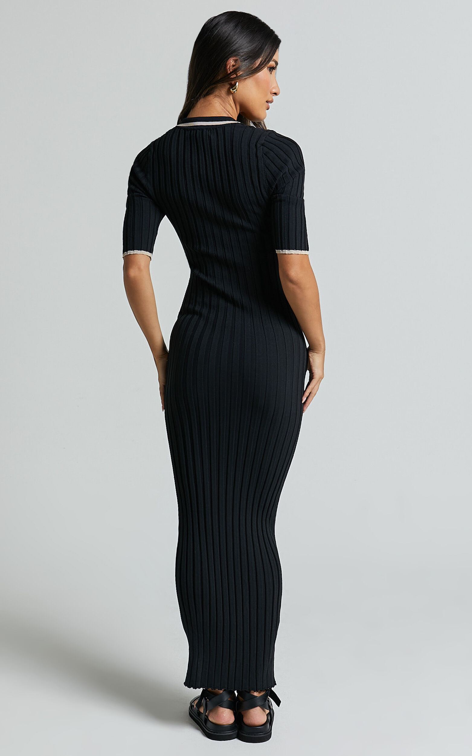 Lada Midi Dress - Short Sleeve Button Front Knit Dress in Black