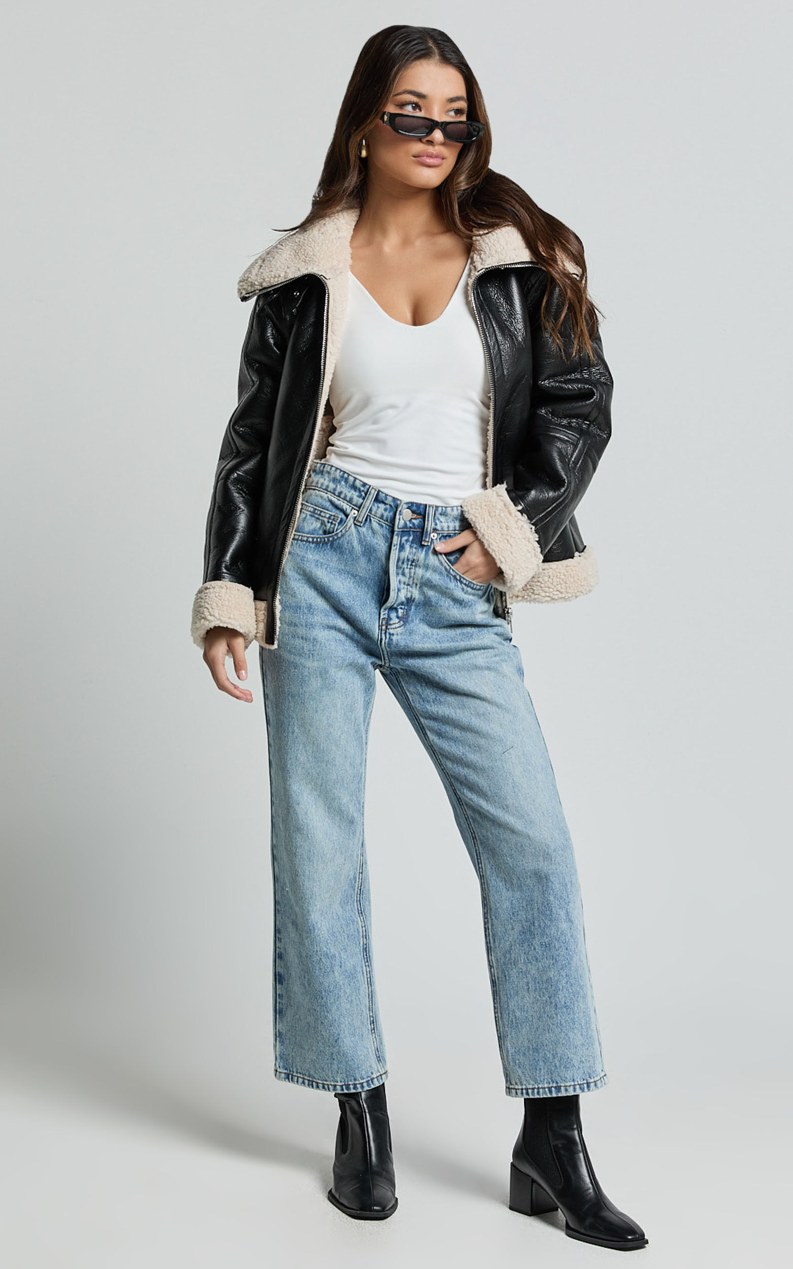 Willa Jacket - Faux Leather Shearling Aviator Jacket in Black