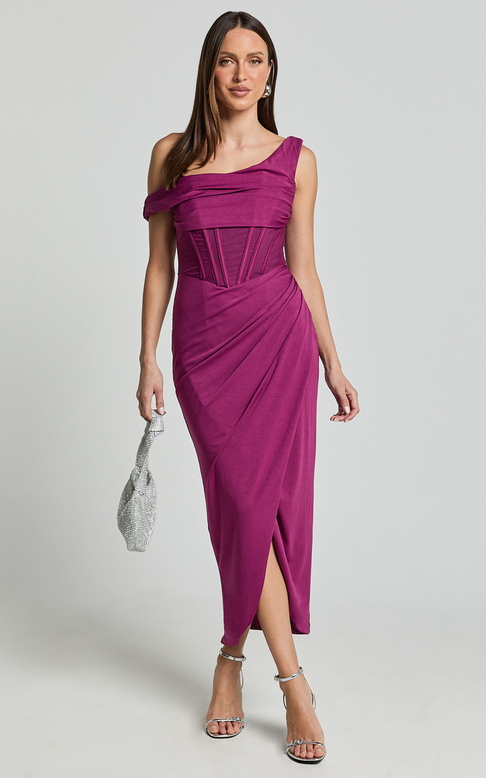 Aidia Midi Dress - One Shoulder Draped Corset Dress in Plum