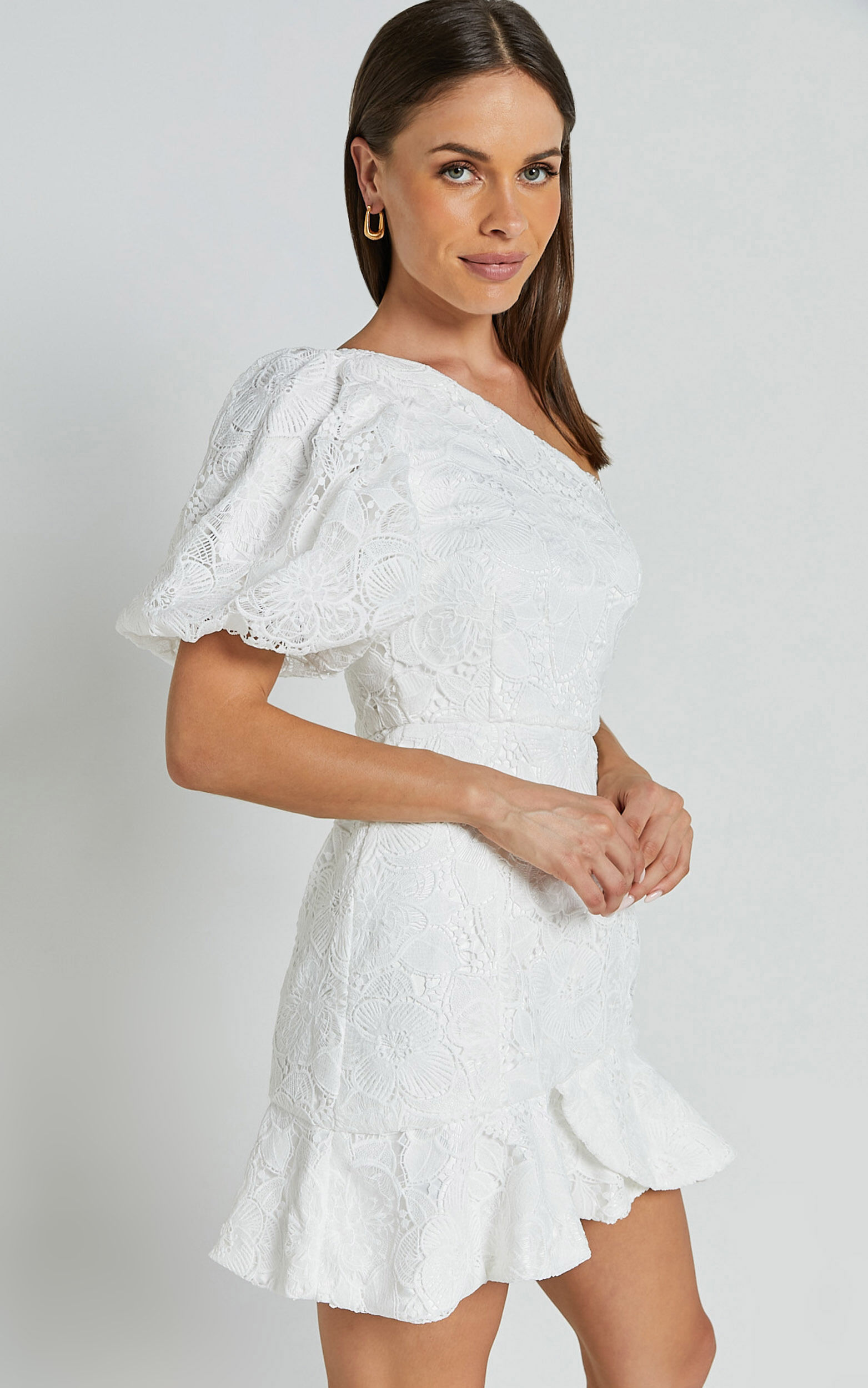 Jenny Mini Dress - One Shoulder Side Cut Out Lace Dress in White