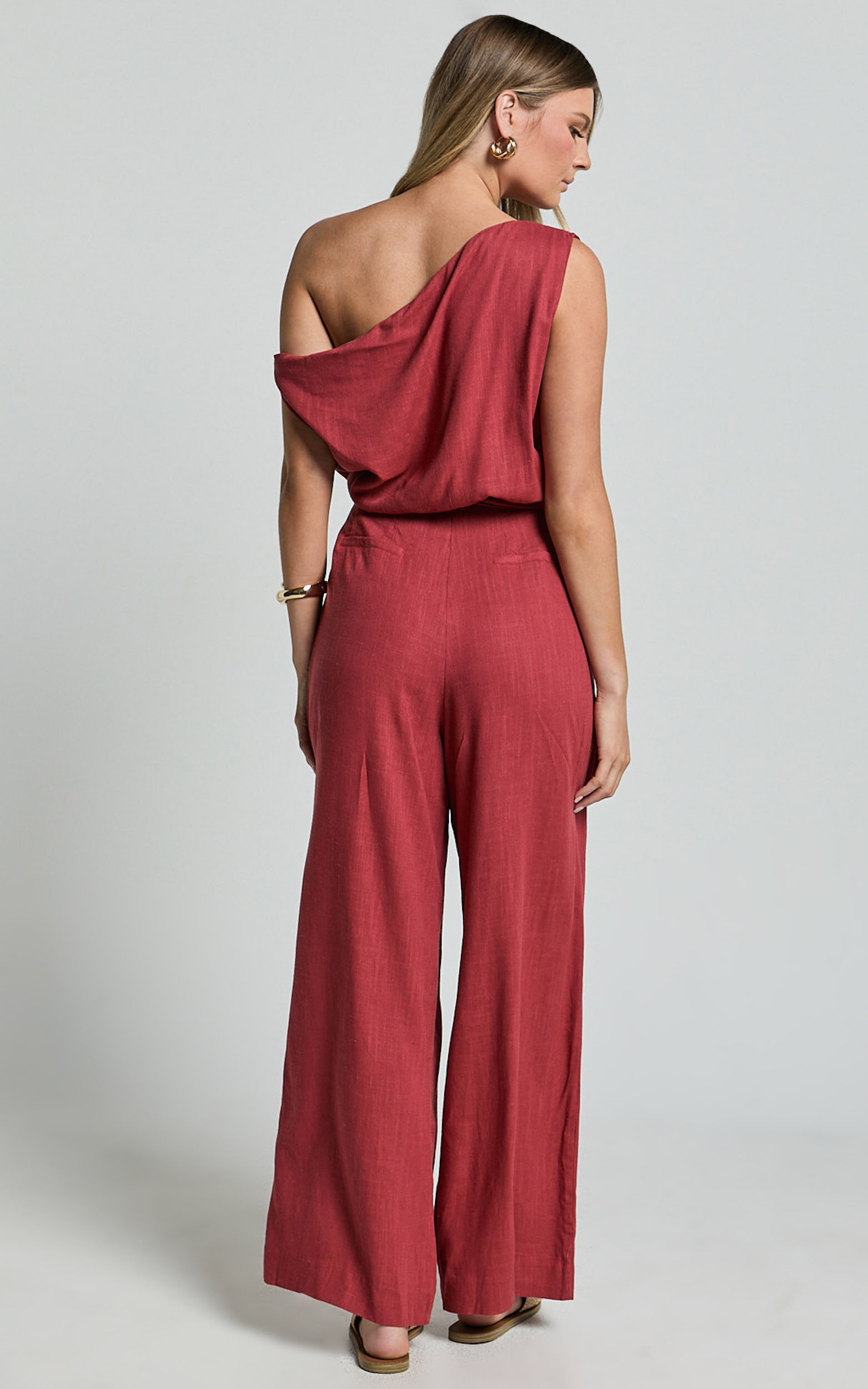 Adria Jumpsuit - Asymmetrical Short Sleeve Linen Jumpsuit in Clay