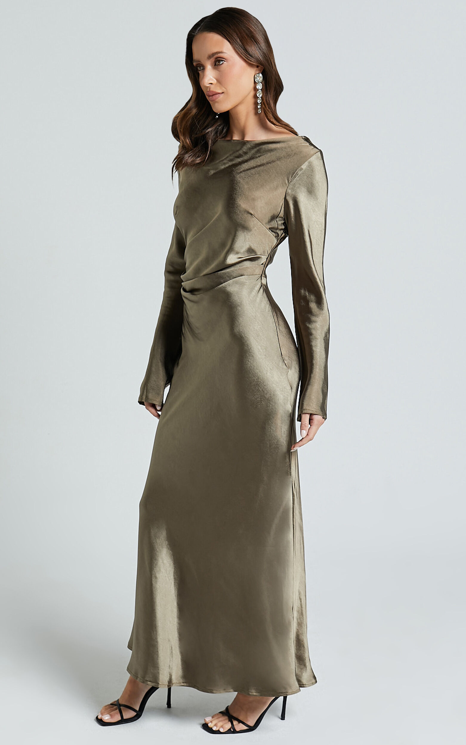 Arriana Midi Dress - Long Sleeve Cowl Back Satin Dress in Dark Olive