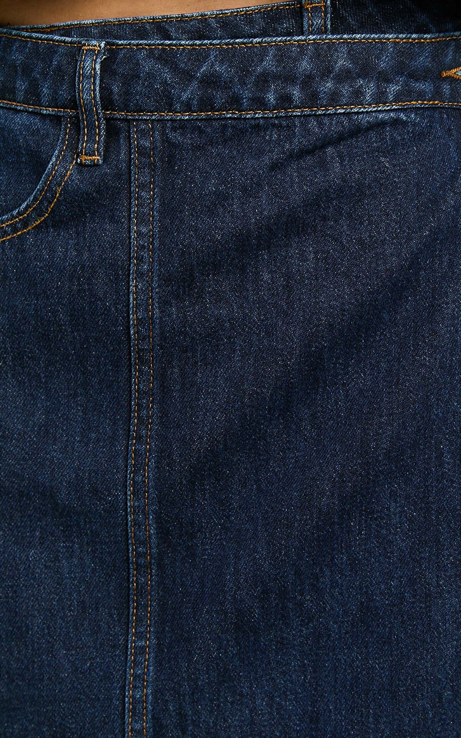 Katherine Mini Skirt - Cross Front Recycled Denim Skirt in Dark Blue Wash