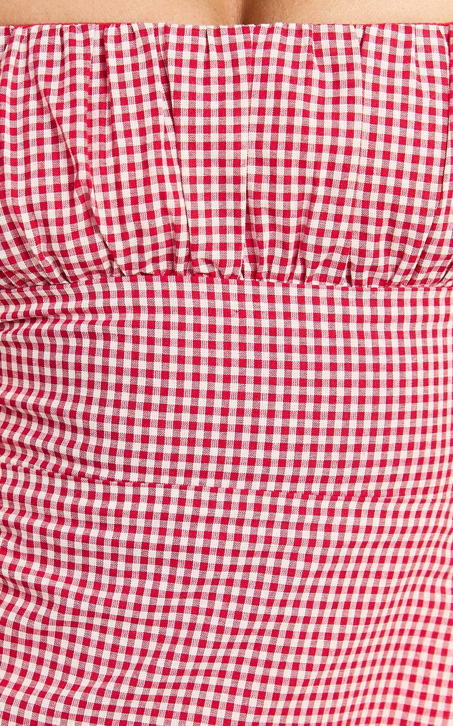 Ginny Mini Dress - Square Neck Ruched Bodice Puff Sleeve Straight Dress in Red Gingham