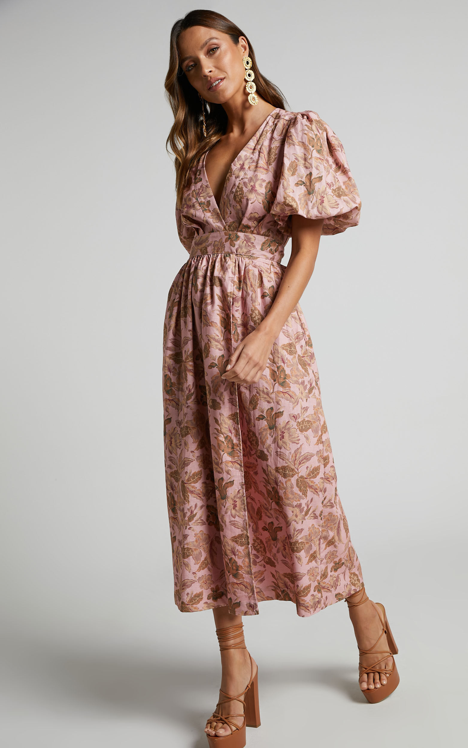 Amalie The Label - Franc Linen Puff Sleeve Wrap Midi Linen Dress in Vahala Print