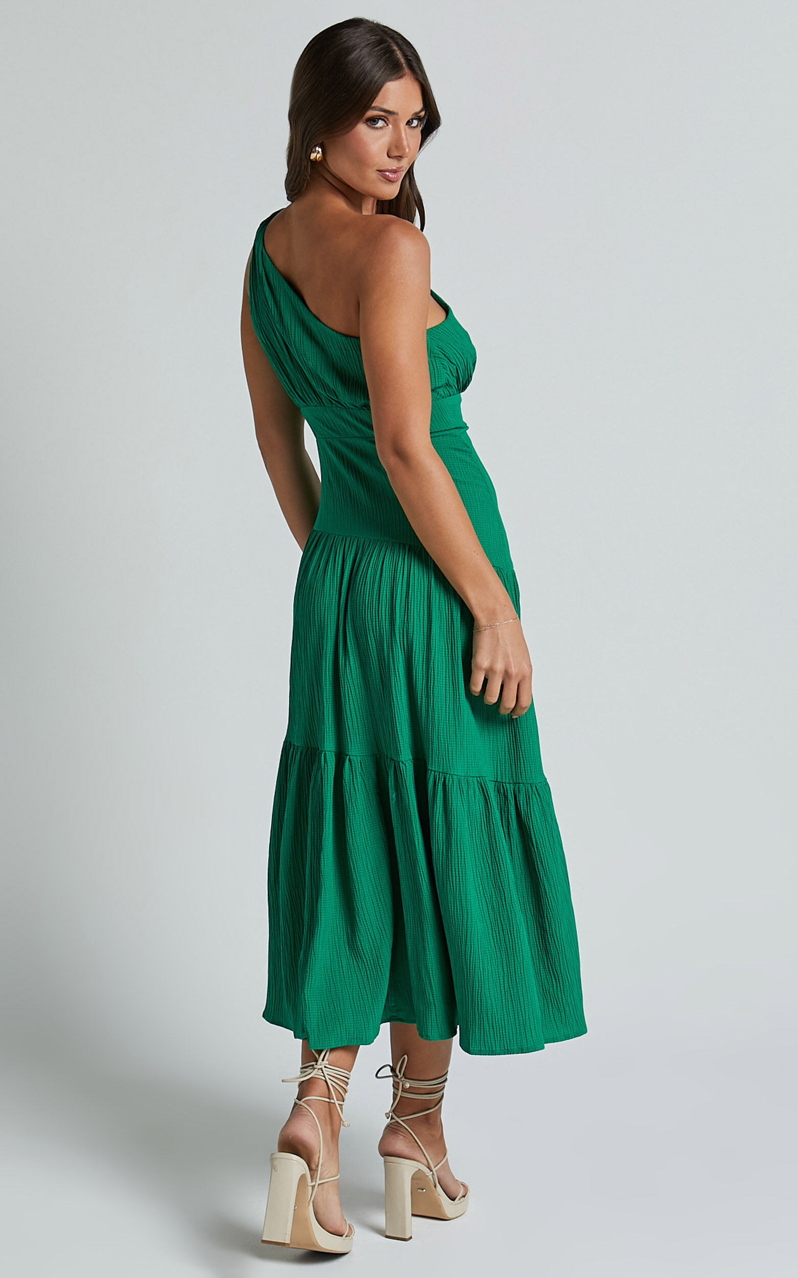 Celestia Midi Dress - Tiered One Shoulder Dress in Green