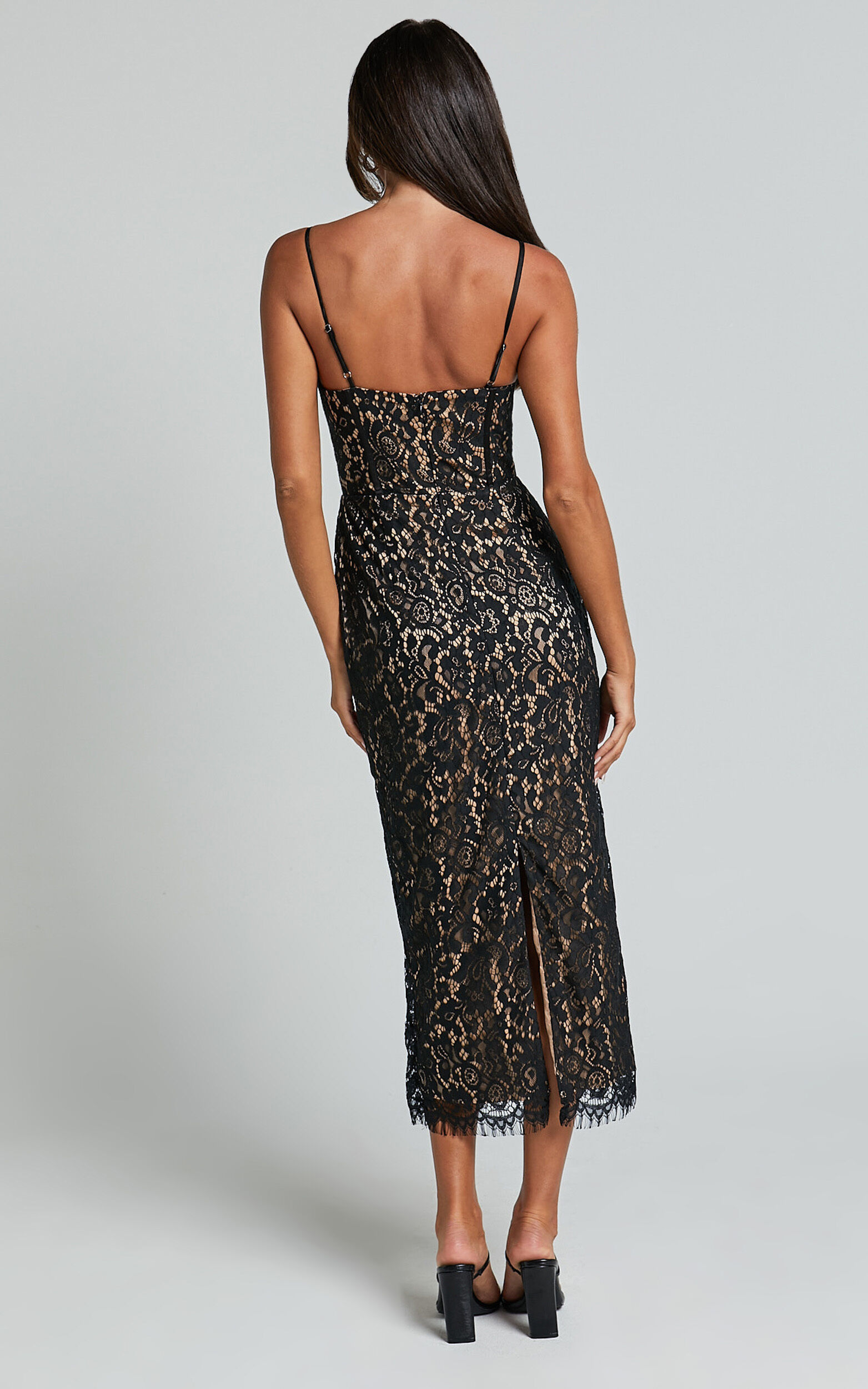 Makenzie Midi Dress - Strappy Corset Lace Slip Dress in Black