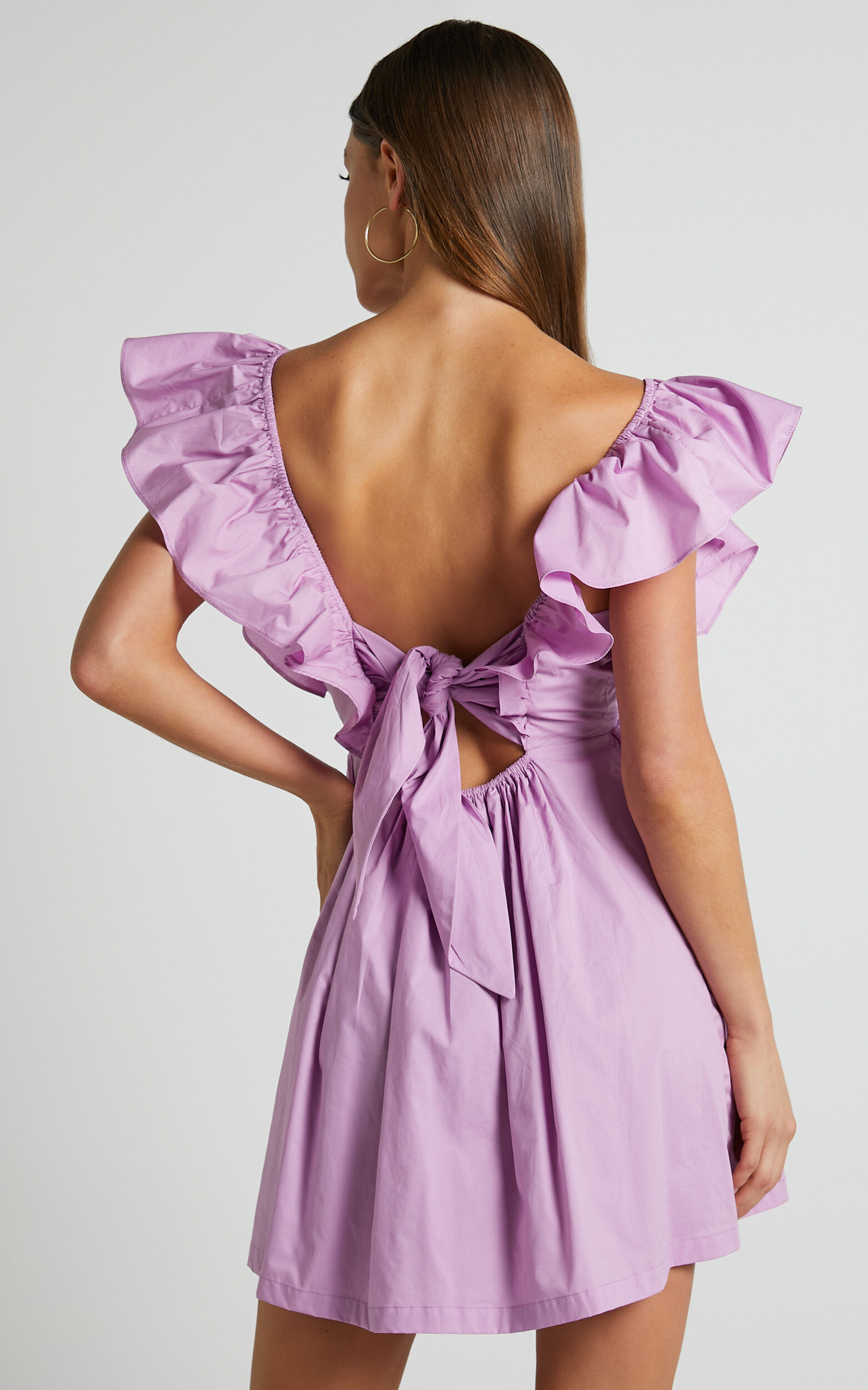 Raiza Mini Dress - Ruffle Sleeve Tie Back Plunge Dress in Lilac