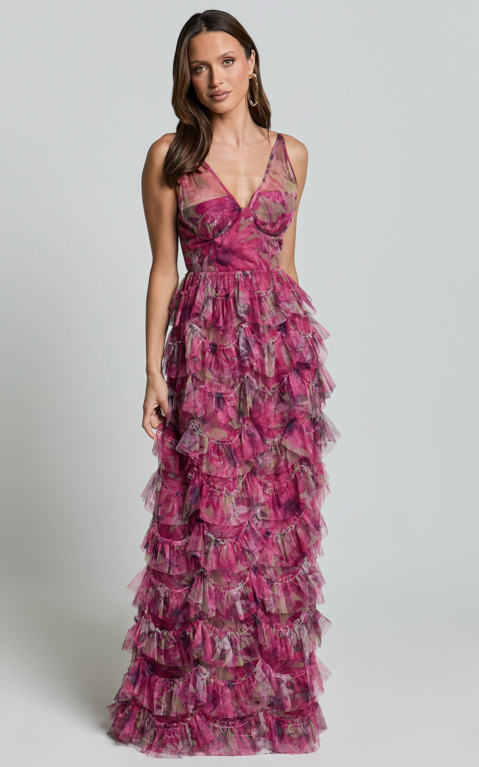 Amalie The Label - Josette Tulle Tiered Maxi Dress in Pink Floral