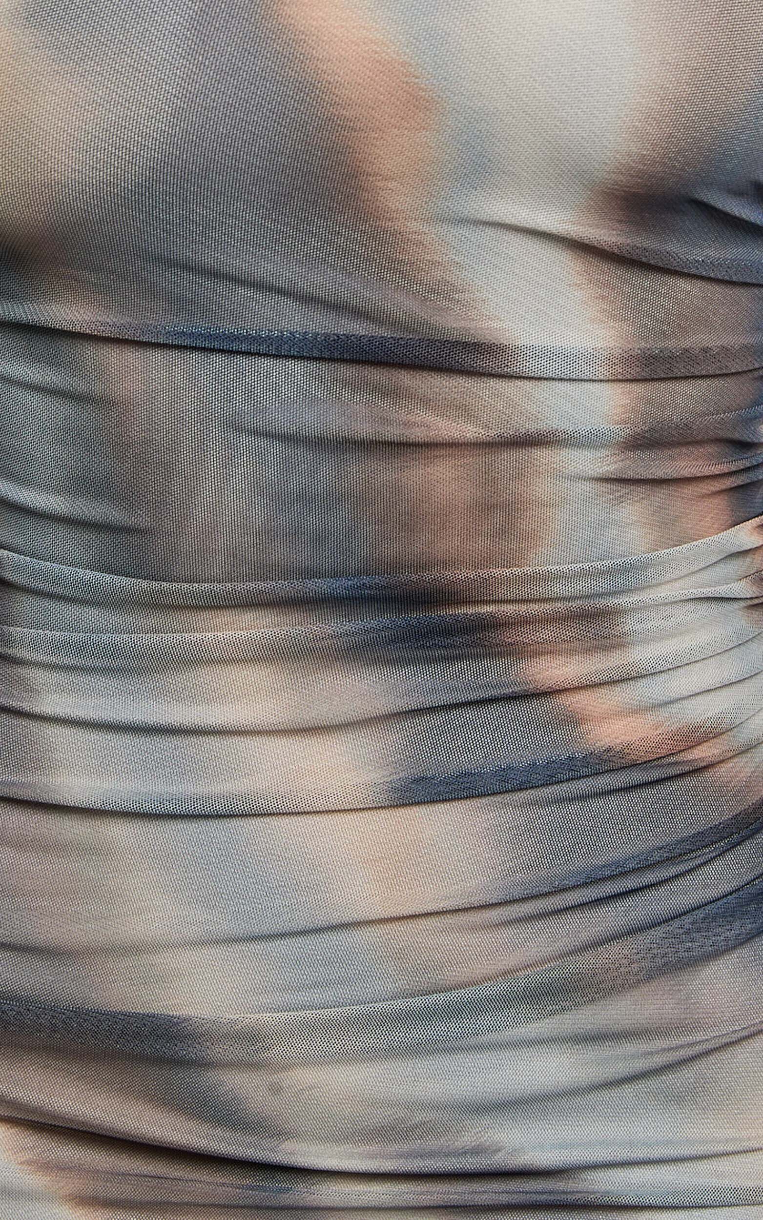 Zyra Midi Dress - High Neck Long Sleeve Mesh Dress in Neutral Stripe