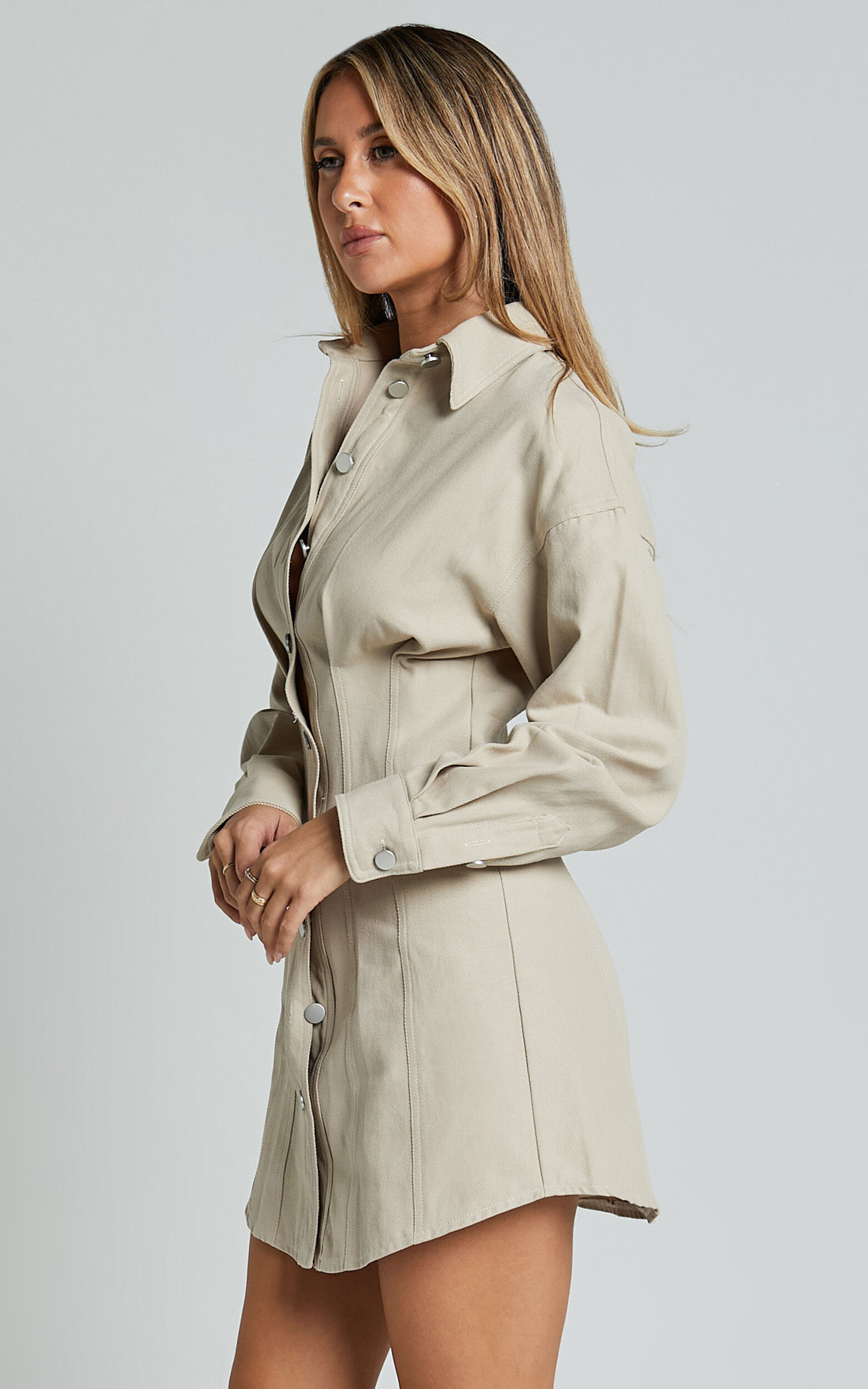 Sofia Mini Dress - Button Through Long Sleeve Dress in Stone