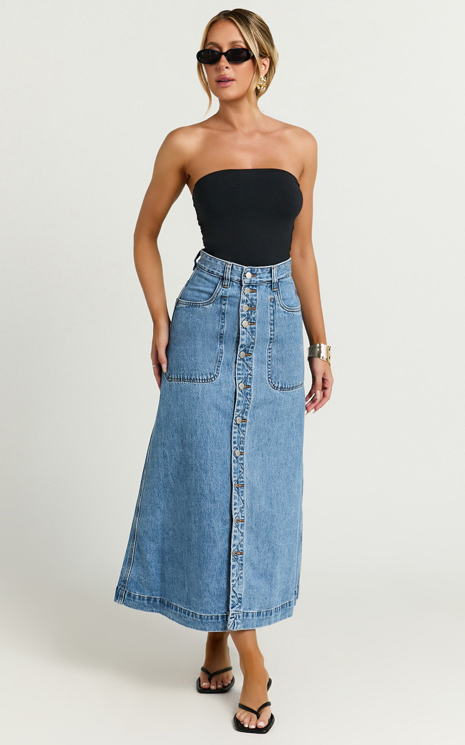 Alisa Midi Skirt - Button Through A Line Denim in Mid Blue Wash