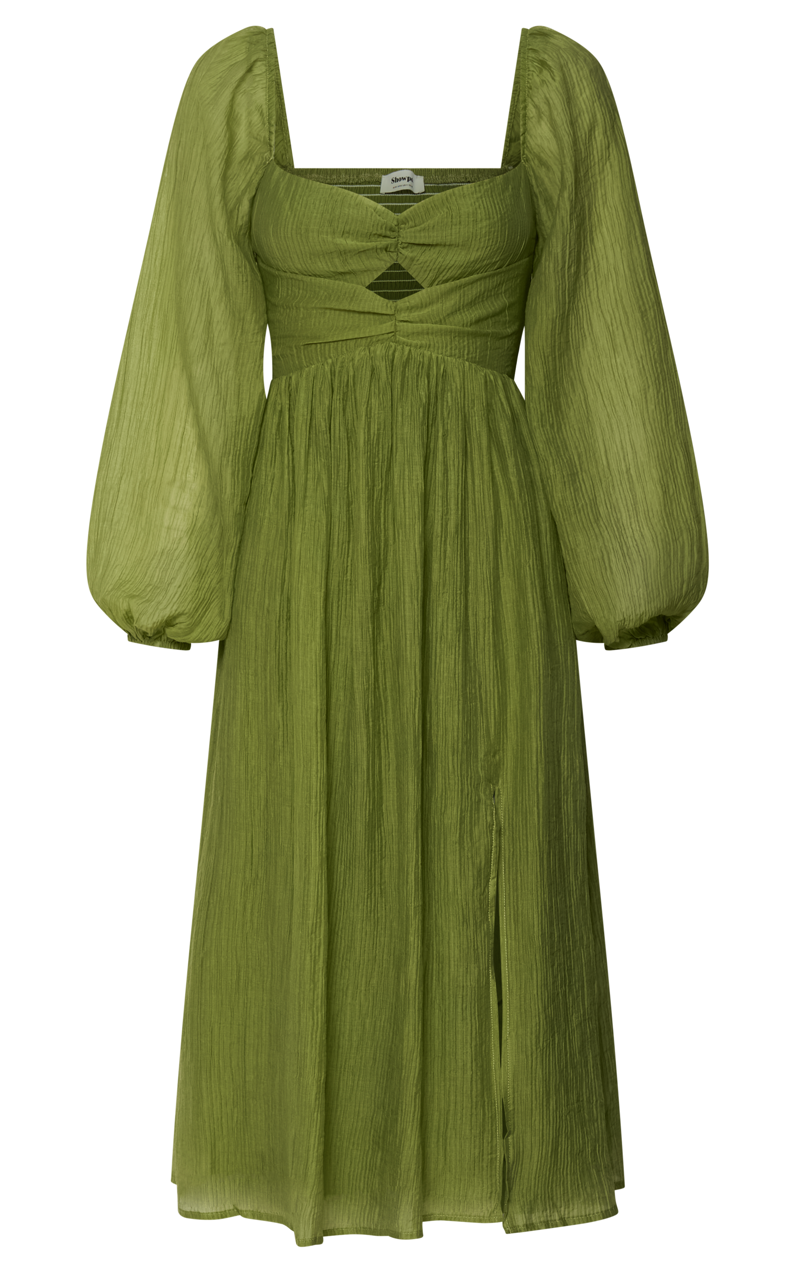 Zahara Midi Dress - Blouson Sleeve Cut Out Dress in Green
