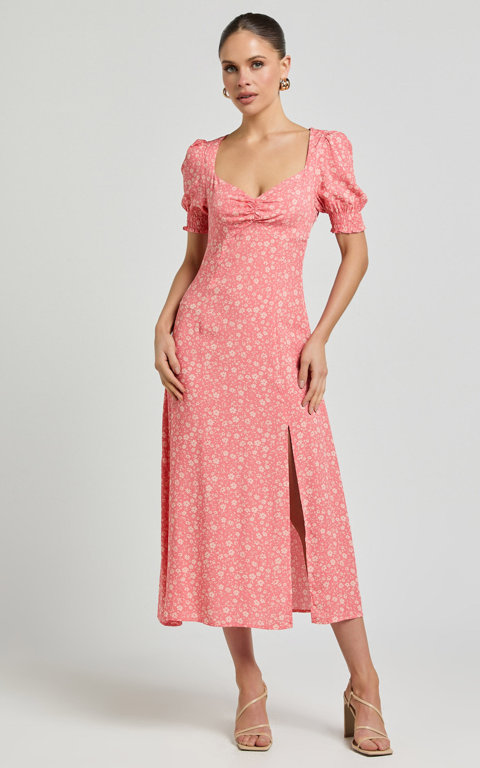 Marcel Midi Dress - Sweetheart Puff Sleeve Thigh Split Dress in Coral