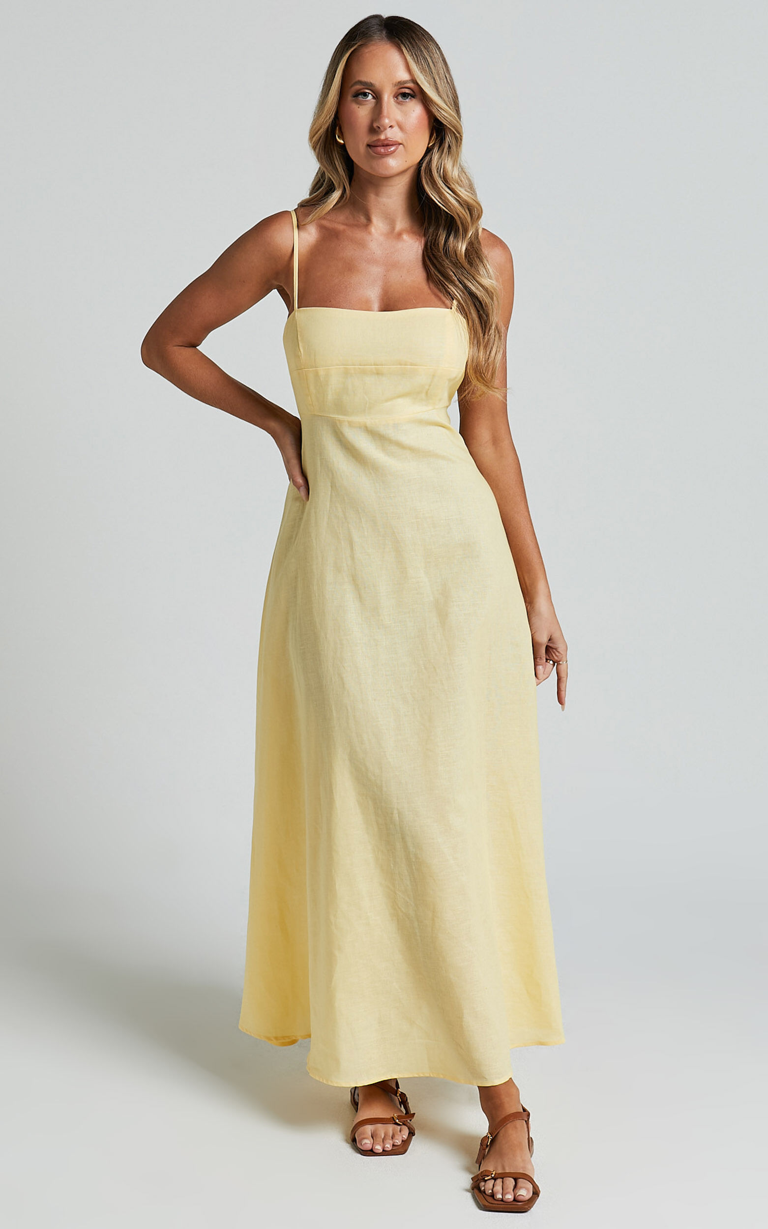 Brette Midi Dress - Linen Straight Neck Strappy Fit And Flare Dress in Lemon