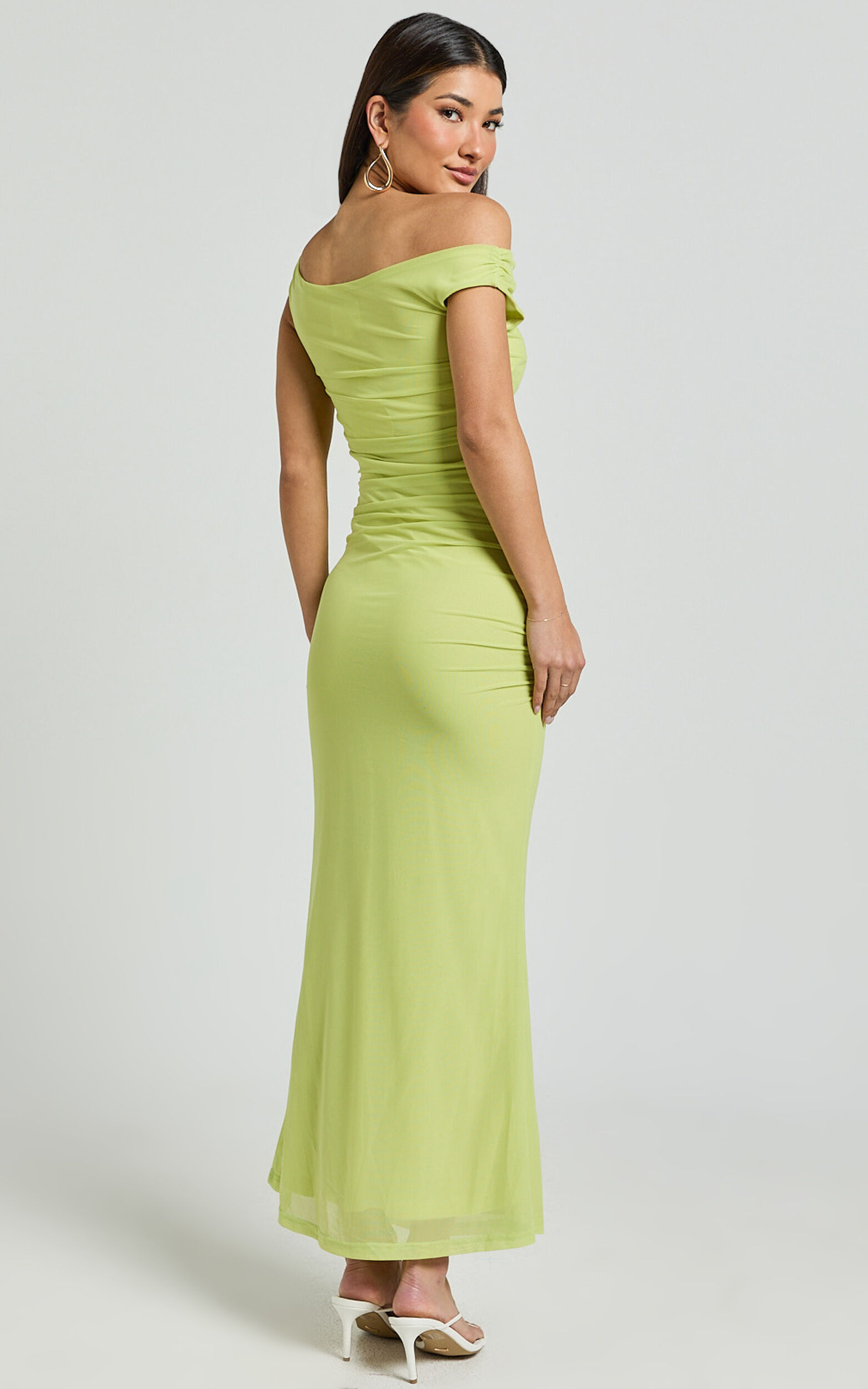 Vicky Midi Dress - Off the Shoulder Slip Dress in Lime