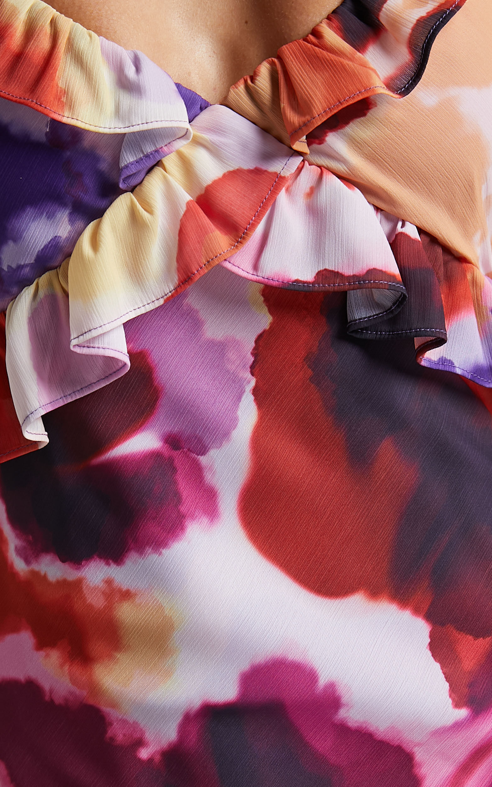 Charlie Midi Dress - V Neck Low Back Frill Detail Dress in Watercolour Floral