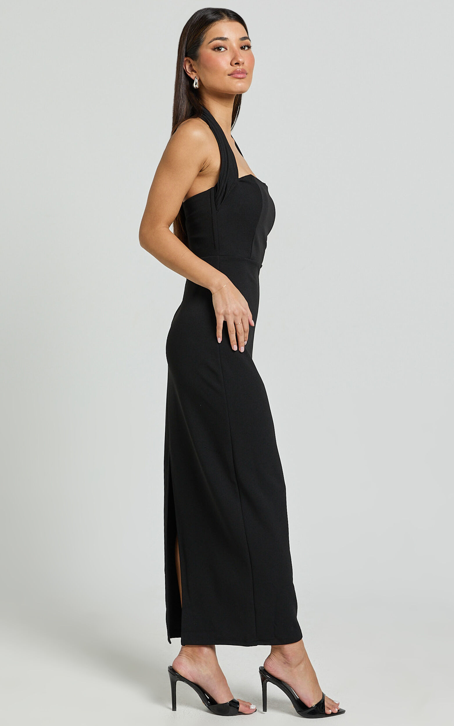 Salome Midi Dress - Halter Neck Column Dress in Black