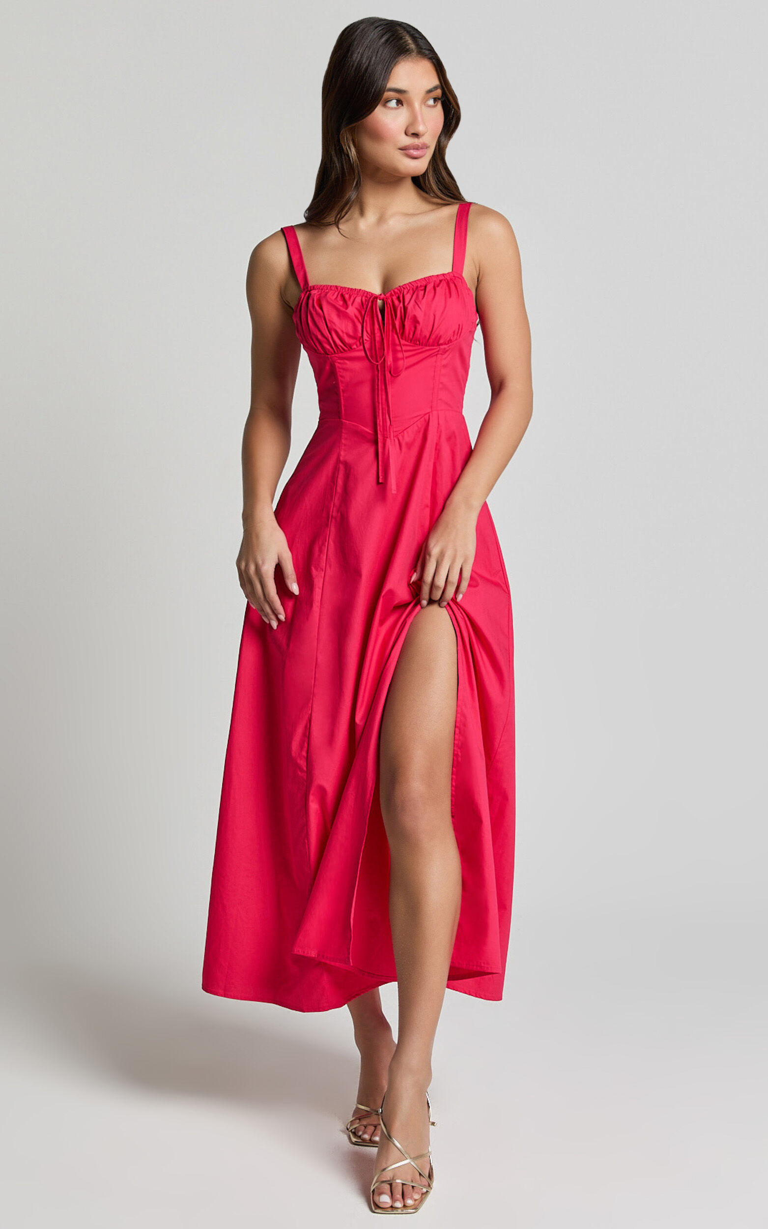 Maiya Midi Dress - Tie Front Fitted Bodice Dress in Hot Pink