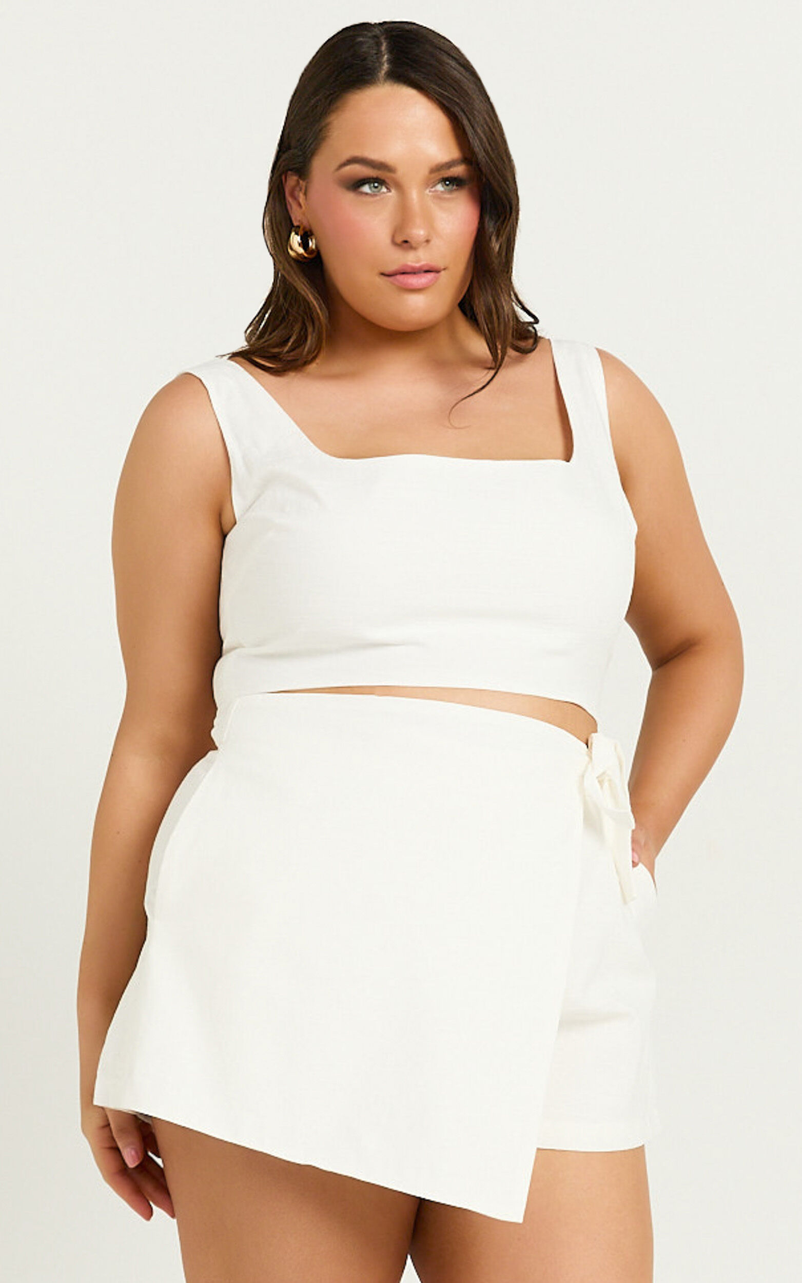 Polina Two Piece Set - Linen Square Neck Crop Top and Tie Waist Skort Set in White
