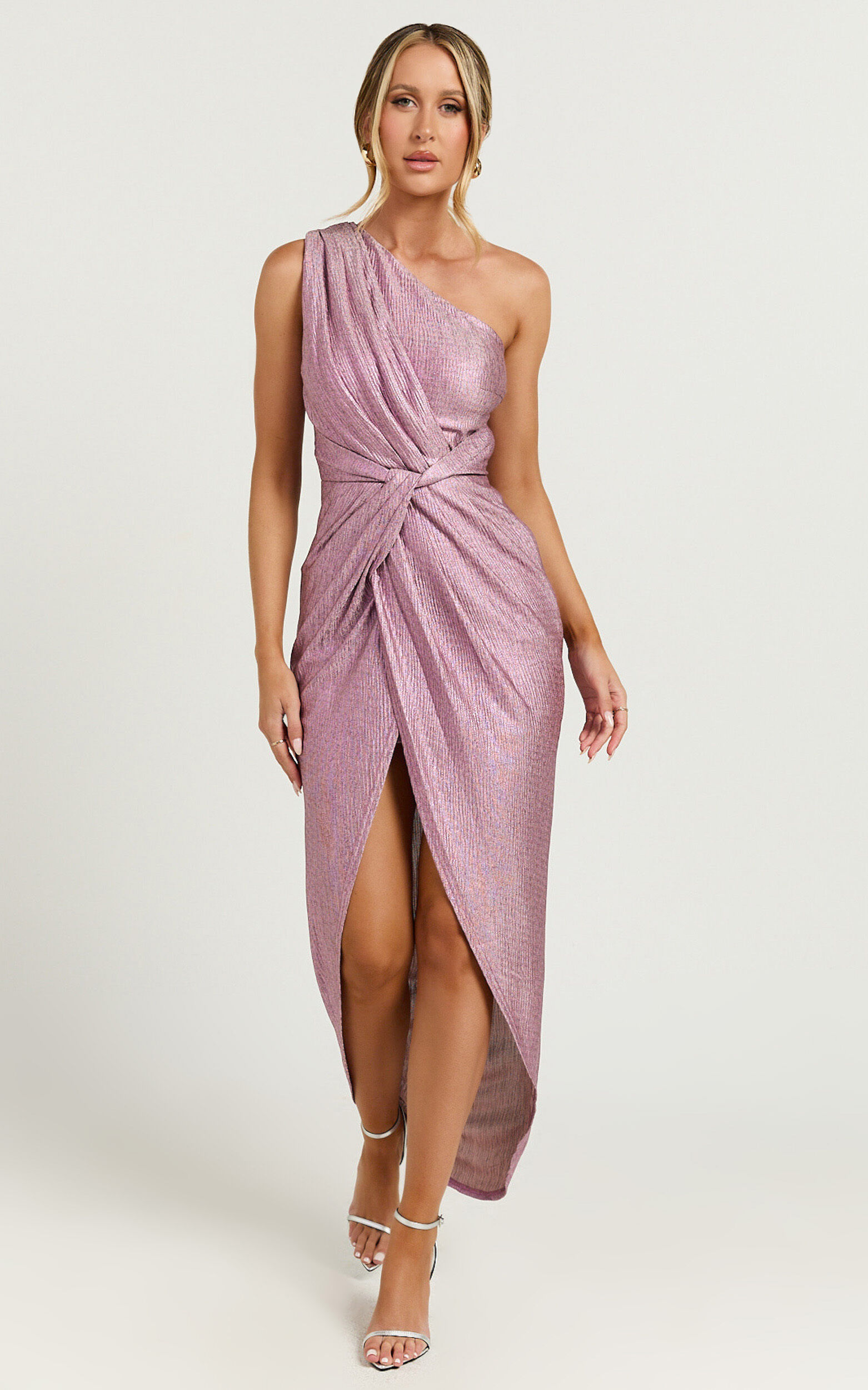 Davie Midi Dress - Metallic One Shoulder Front Wrap Dress in Soft Pink
